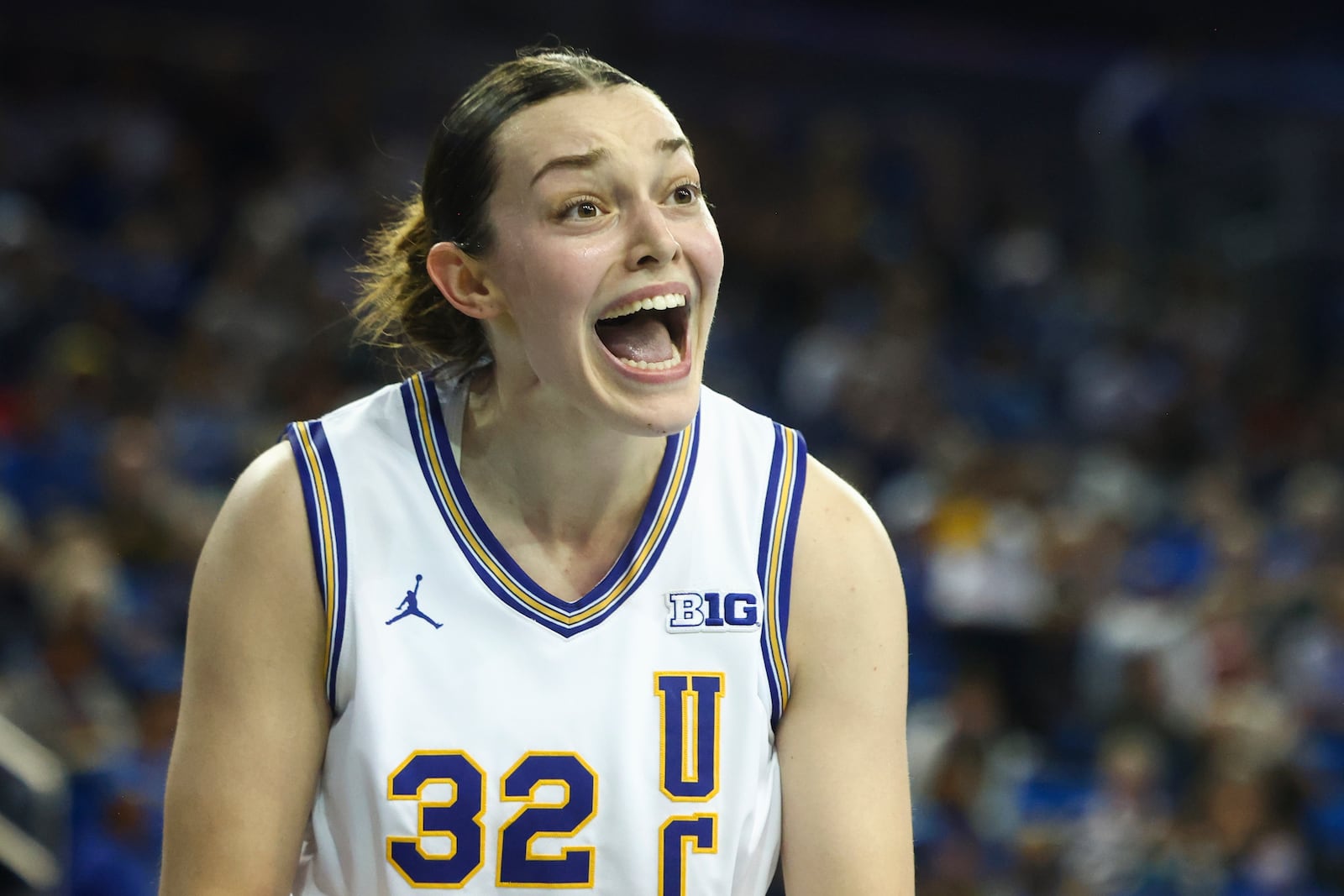 UCLA forward Angela Dugalic (32) reacts after a block during the first half of an NCAA college basketball game against Ohio State Wednesday, Feb. 5, 2025, in Los Angeles. (AP Photo/Jessie Alcheh)