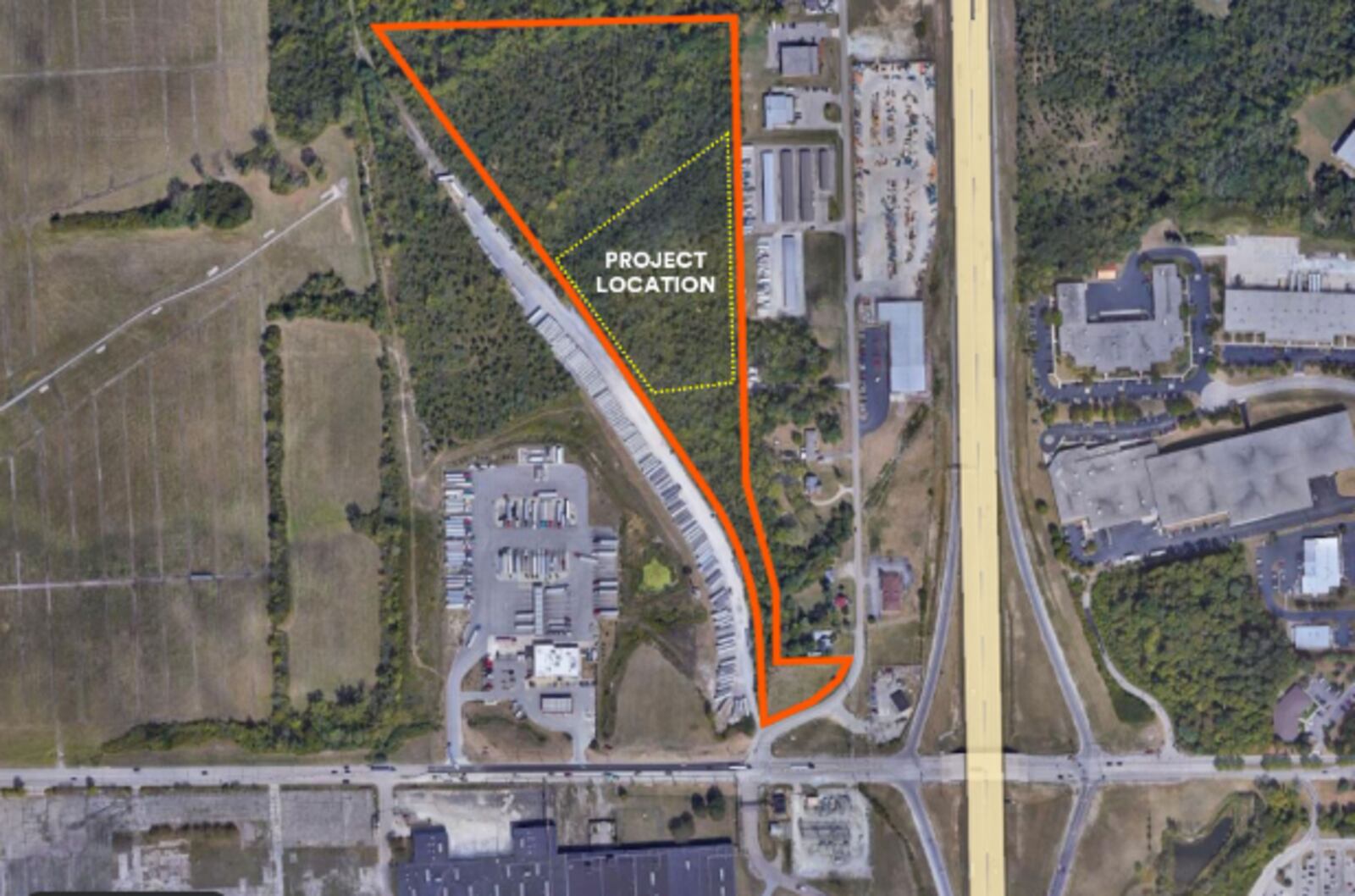 The proposed location of a Prairie Flyer battery energy storage facility in Vandalia, just north of Northwoods Boulevard, between Engle Road and the Flying J Travel Plaza.