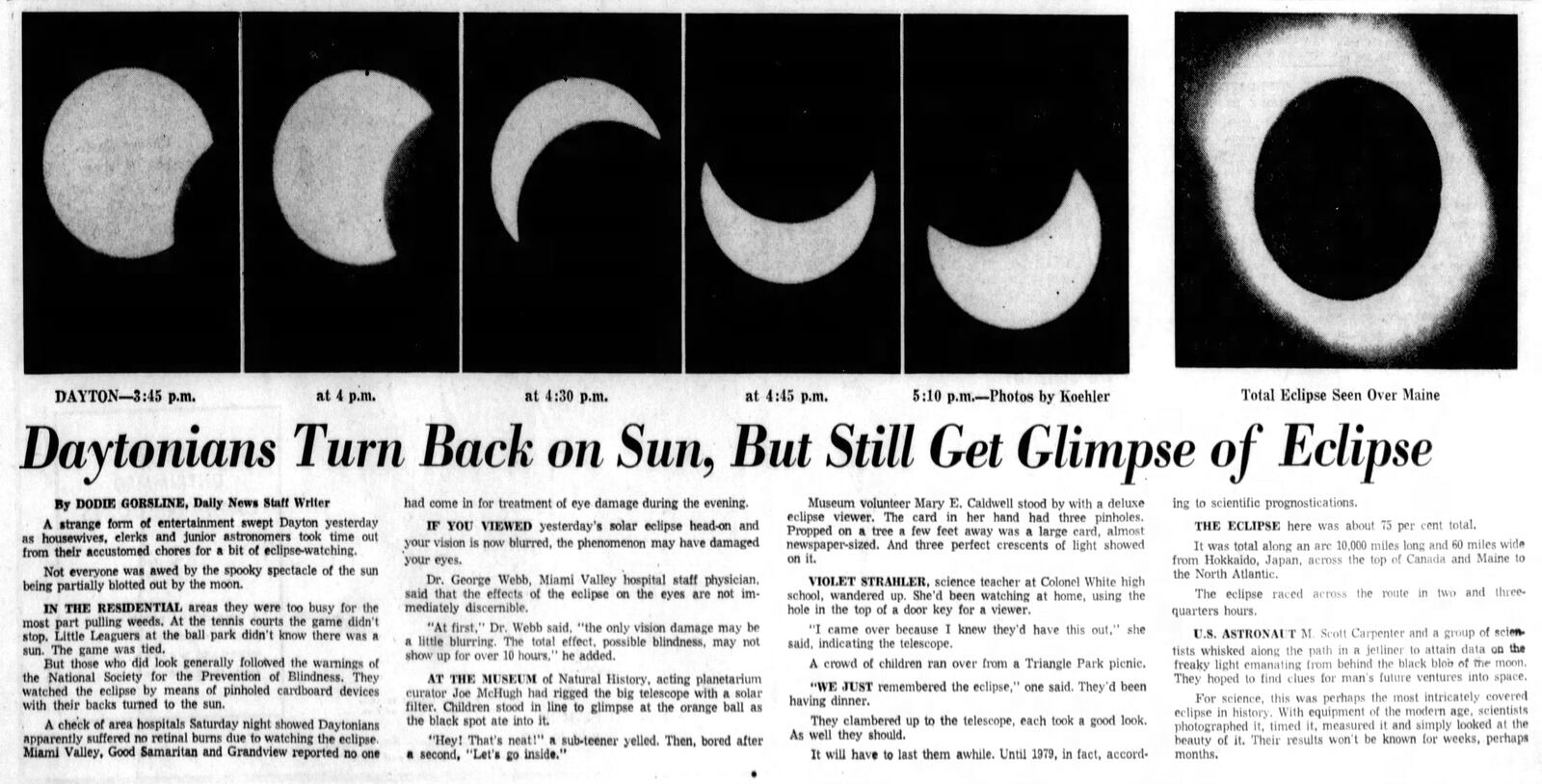 Newspaper coverage of the partial solar eclipse of July 20, 1963. DAYTON DAILY NEWS ARCHIVES