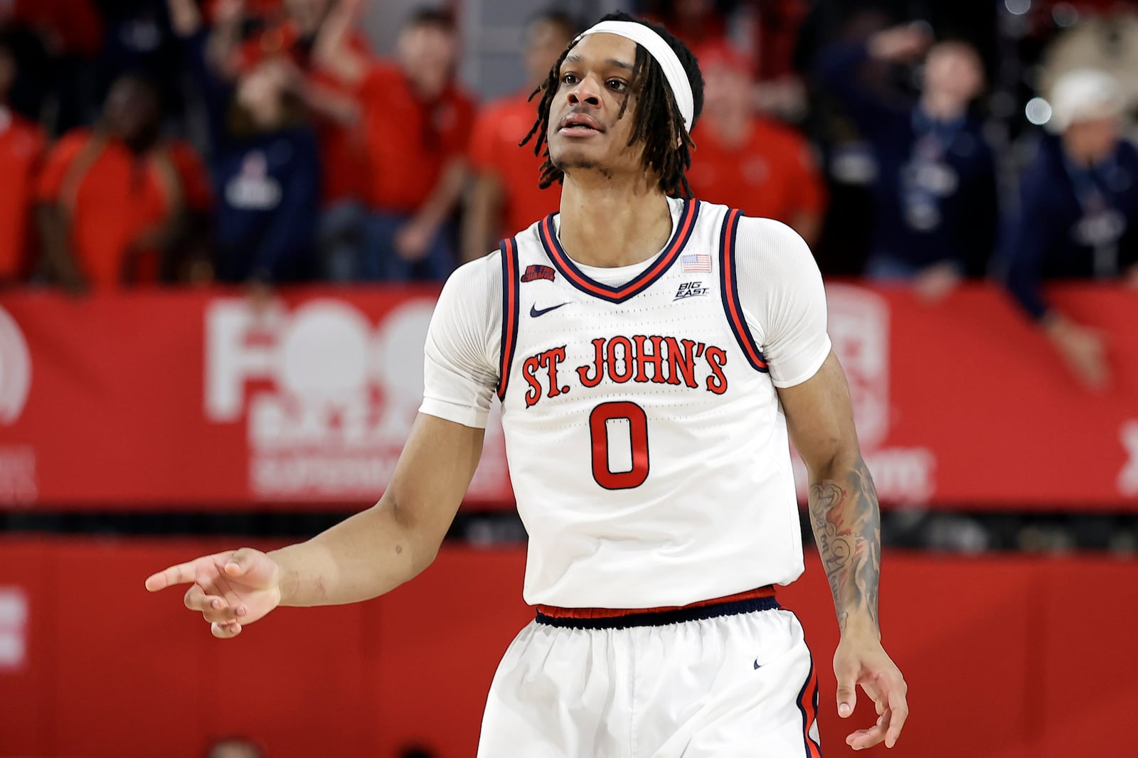 St. John's guard Aaron Scott reacts during the second half of an NCAA college basketball game against St. John's Wednesday, Nov. 13, 2024, in New York. St. John's won 66-45. (AP Photo/Adam Hunger)