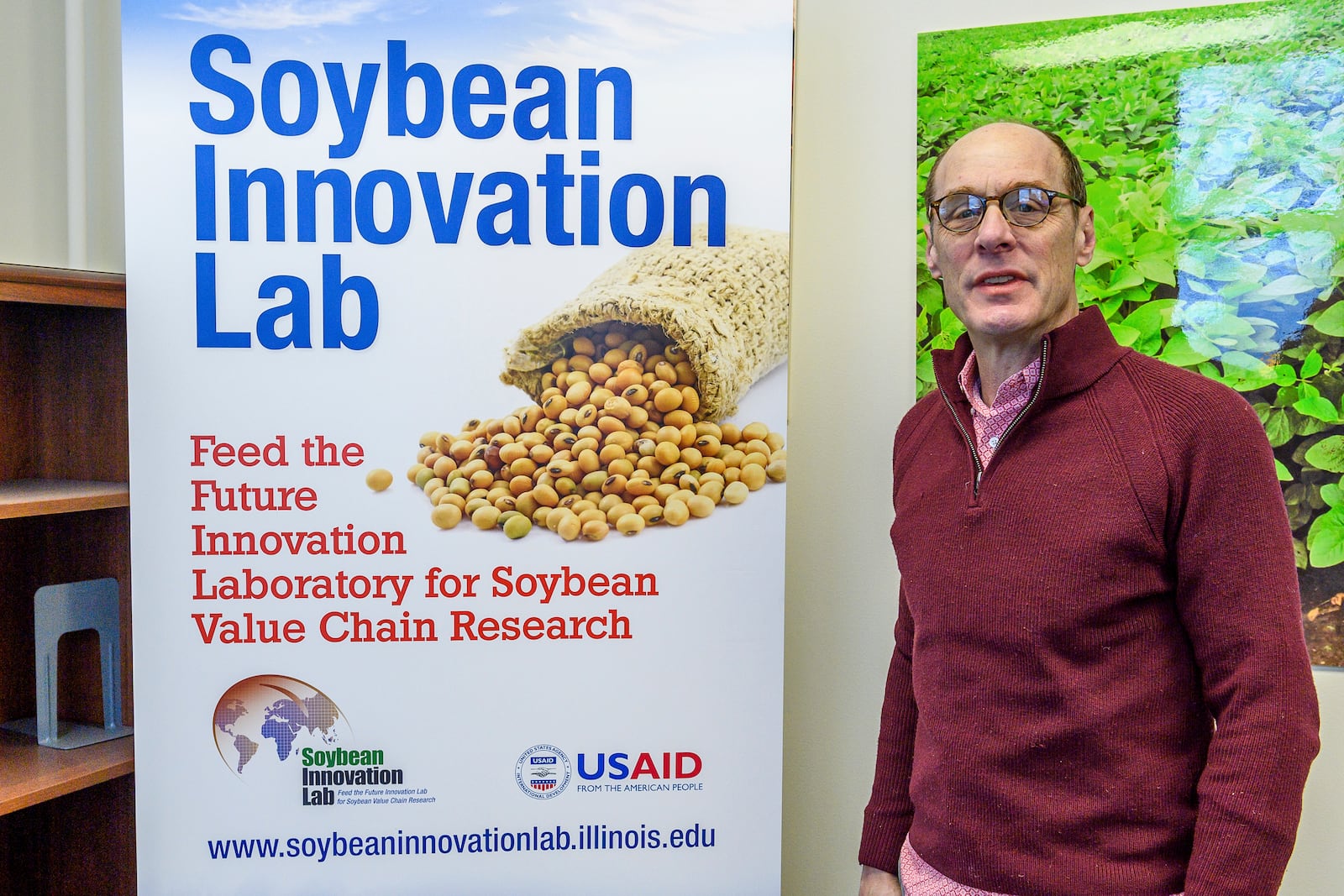 Dr. Peter Goldsmith, director of the Soybean Innovation Lab, poses for a photo at the University of Illinois, Wednesday, Feb. 12, 2025, in Champaign, Ill. (AP Photo/Craig Pessman)