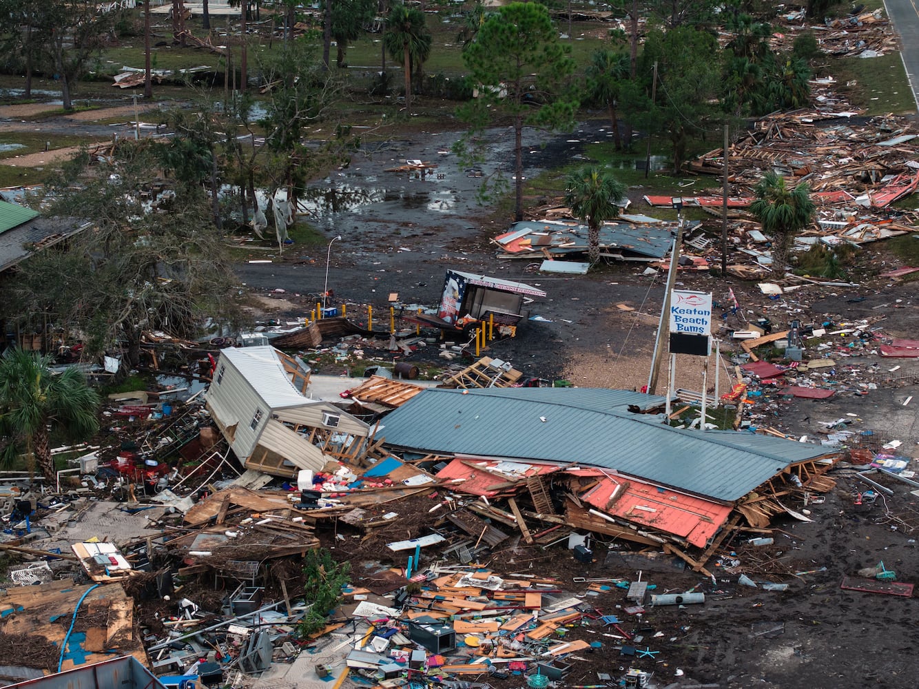 The wreckage of a gas station in  the Gulf Coast community of Keaton Beach, Fla., on Saturday, Sept. 28, 2024. (Paul Ratje/The New York Times)