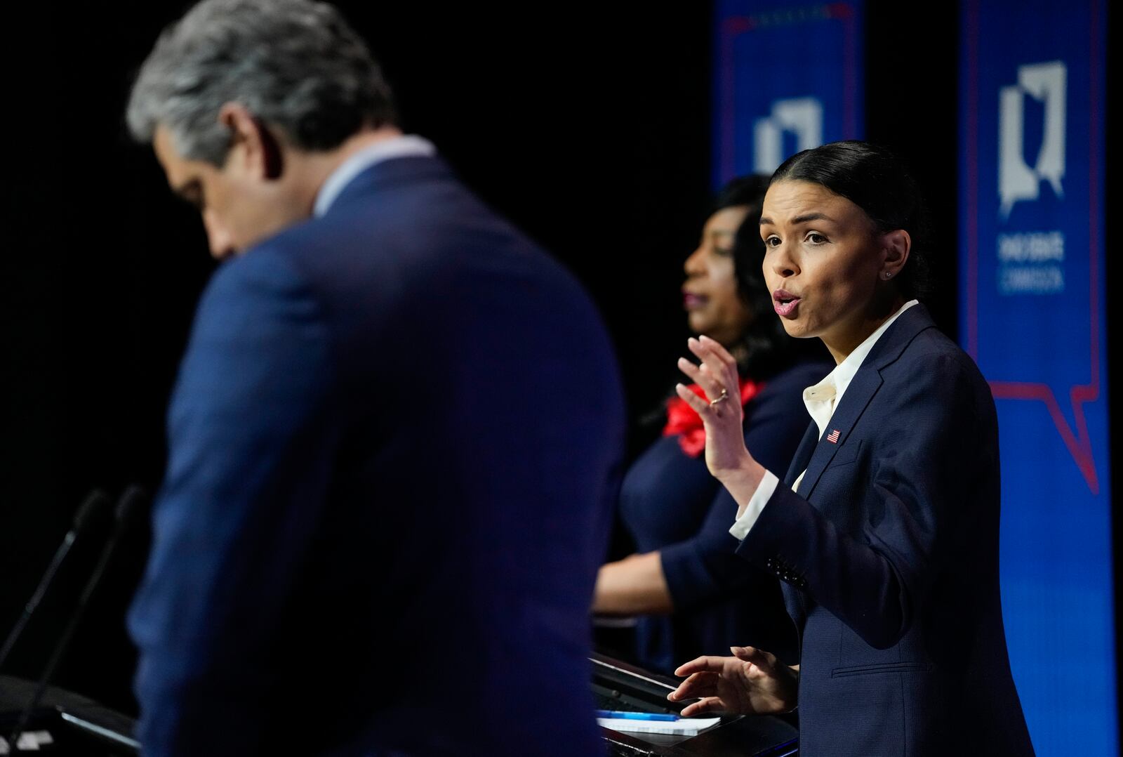 Mon., Mar. 28, 2022; Wilberforce, Ohio, USA; U.S. Senate Democratic candidate Morgan Harper addresses Rep. Tim Ryan, (D-OH), during Ohio’s U.S. Senate Democratic Primary Debate at Central State University. Mandatory Credit: Joshua A. Bickel/Ohio Debate Commission