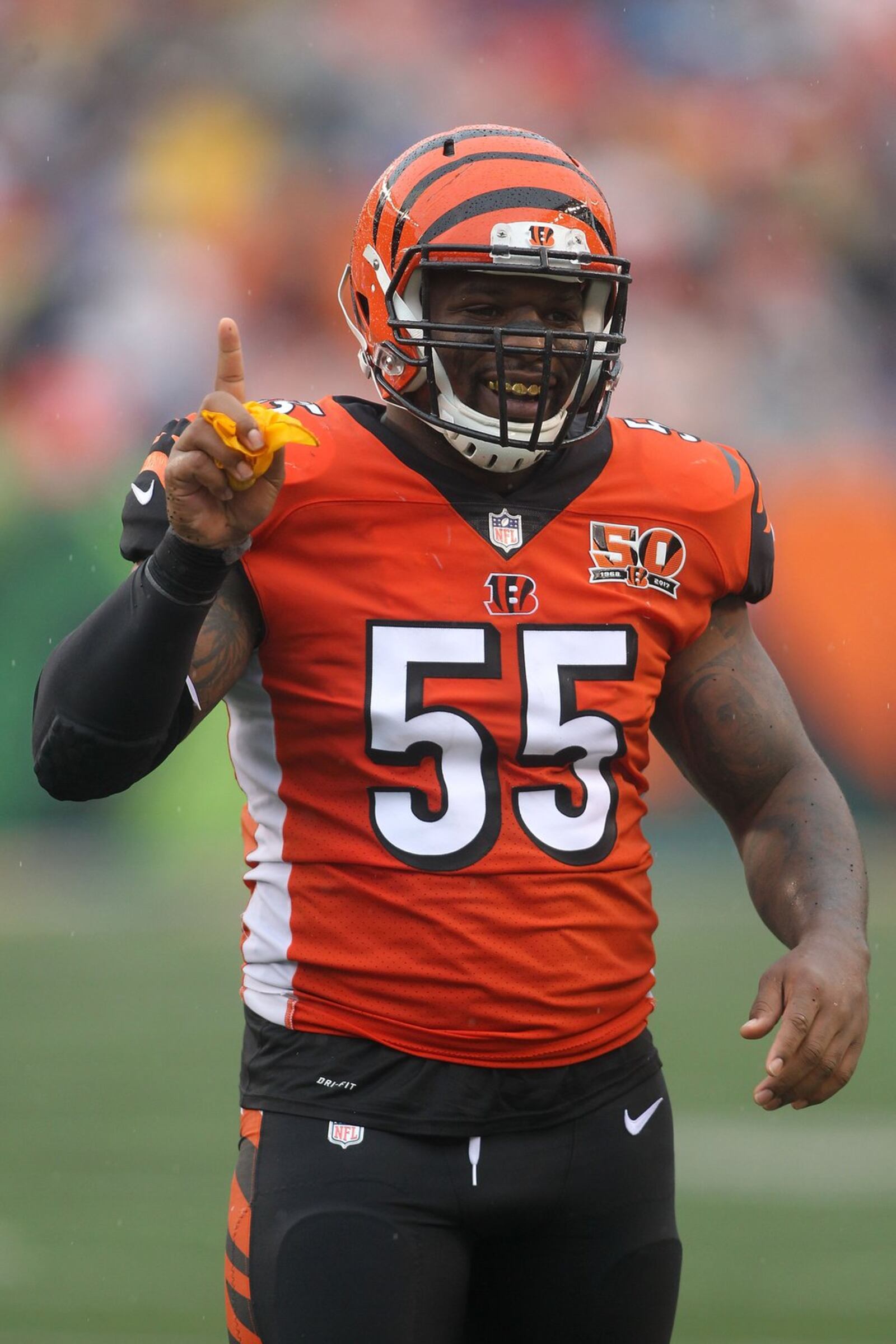 CINCINNATI, OH - OCTOBER 8: Vontaze Burfict #55 of the Cincinnati Bengals reacts after making a defensive stop during the third quarter of the game against the Buffalo Bills at Paul Brown Stadium on October 8, 2017 in Cincinnati, Ohio. (Photo by John Grieshop/Getty Images)