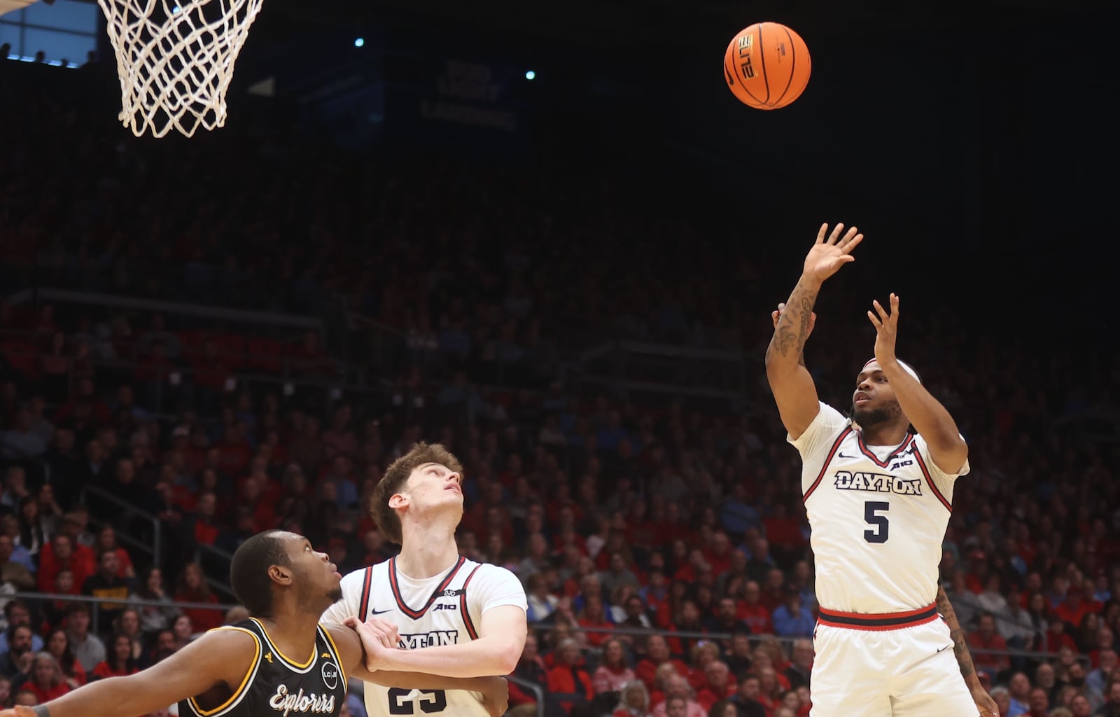 Dayton's Posh Alexander scores against La Salle in the first half on Tuesday, Dec. 31, 2024, at UD Arena. David Jablonski/Staff