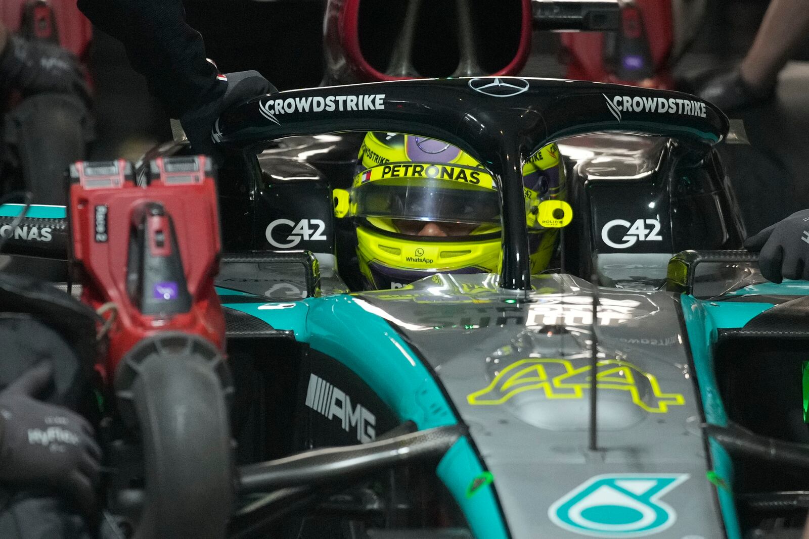 Mercedes driver Lewis Hamilton, of Britain, sits in is carvduring qualifications for the Formula One U.S. Grand Prix auto race, Friday, Nov. 22, 2024, in Las Vegas. (AP Photo/John Locher)