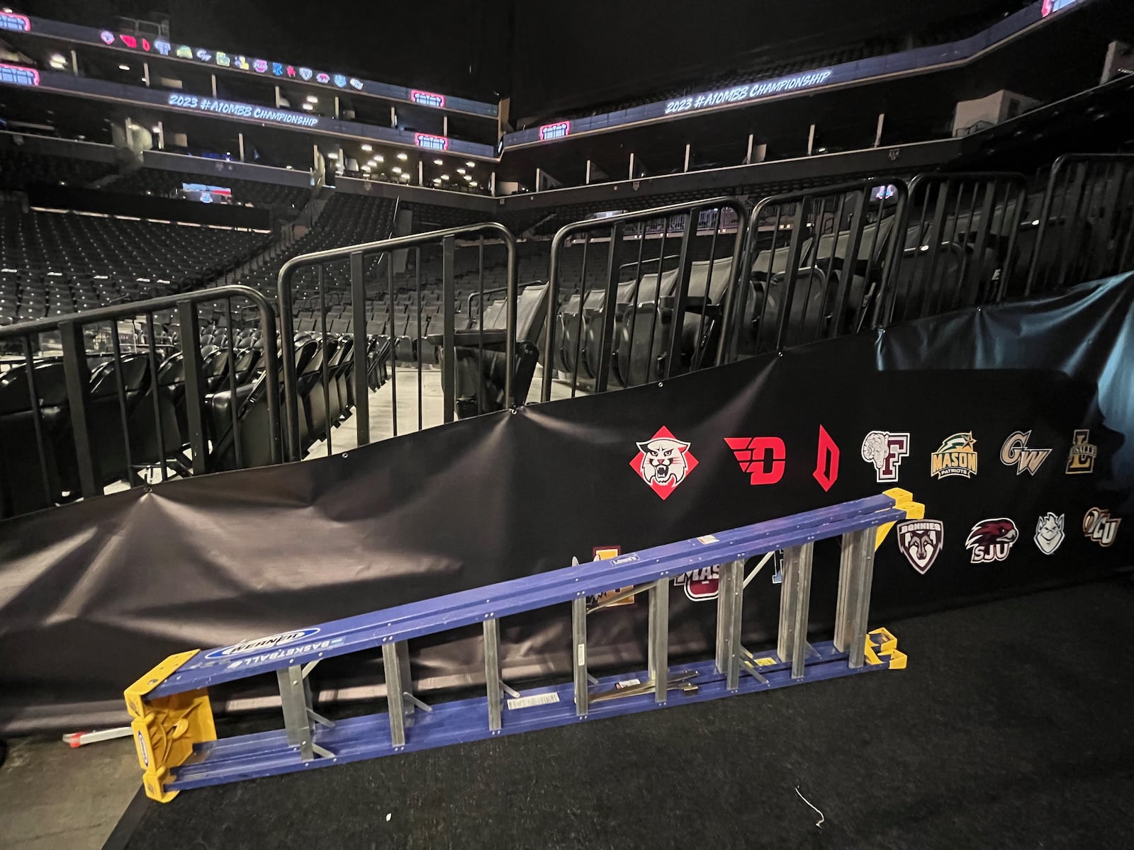 A ladder sits near the court before Dayton played Virginia Commonwealth in the Atlantic 10 Conference championship game on Saturday, March 12, 2023, at the Barclays Center in Brooklyn, N.Y. David Jablonski/Staff