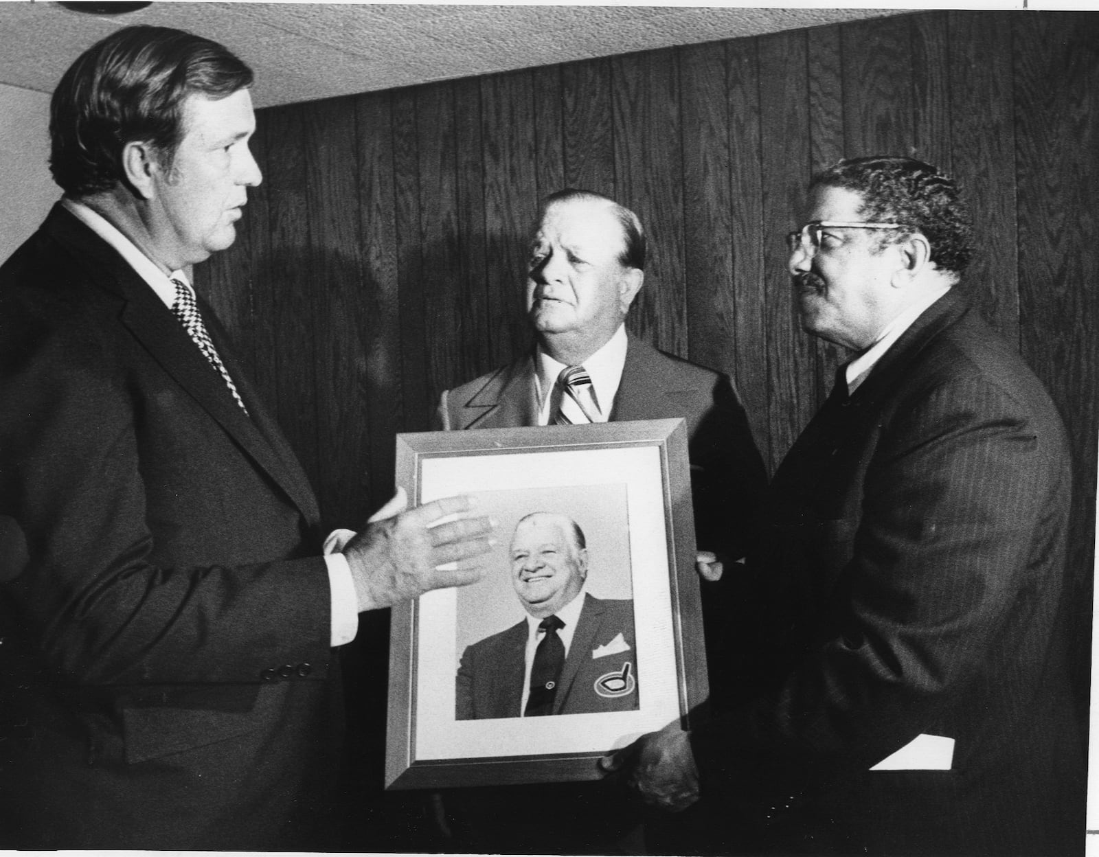 1974 Bogie Busters; Cy Laughter, Bob Laughter and Mayor James McGee dedicate the Red Jacket Room. DAYTON DAILY NEWS ARCHIVES.
