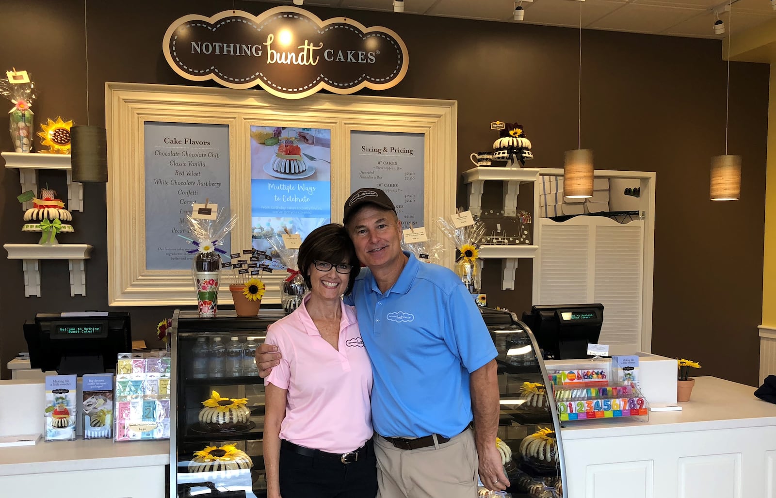 Renee and Jeff Hall in their new Nothing Bundt Cake franchise bakery on Ohio 741 north of Austin Landing. CONTRIBUTED