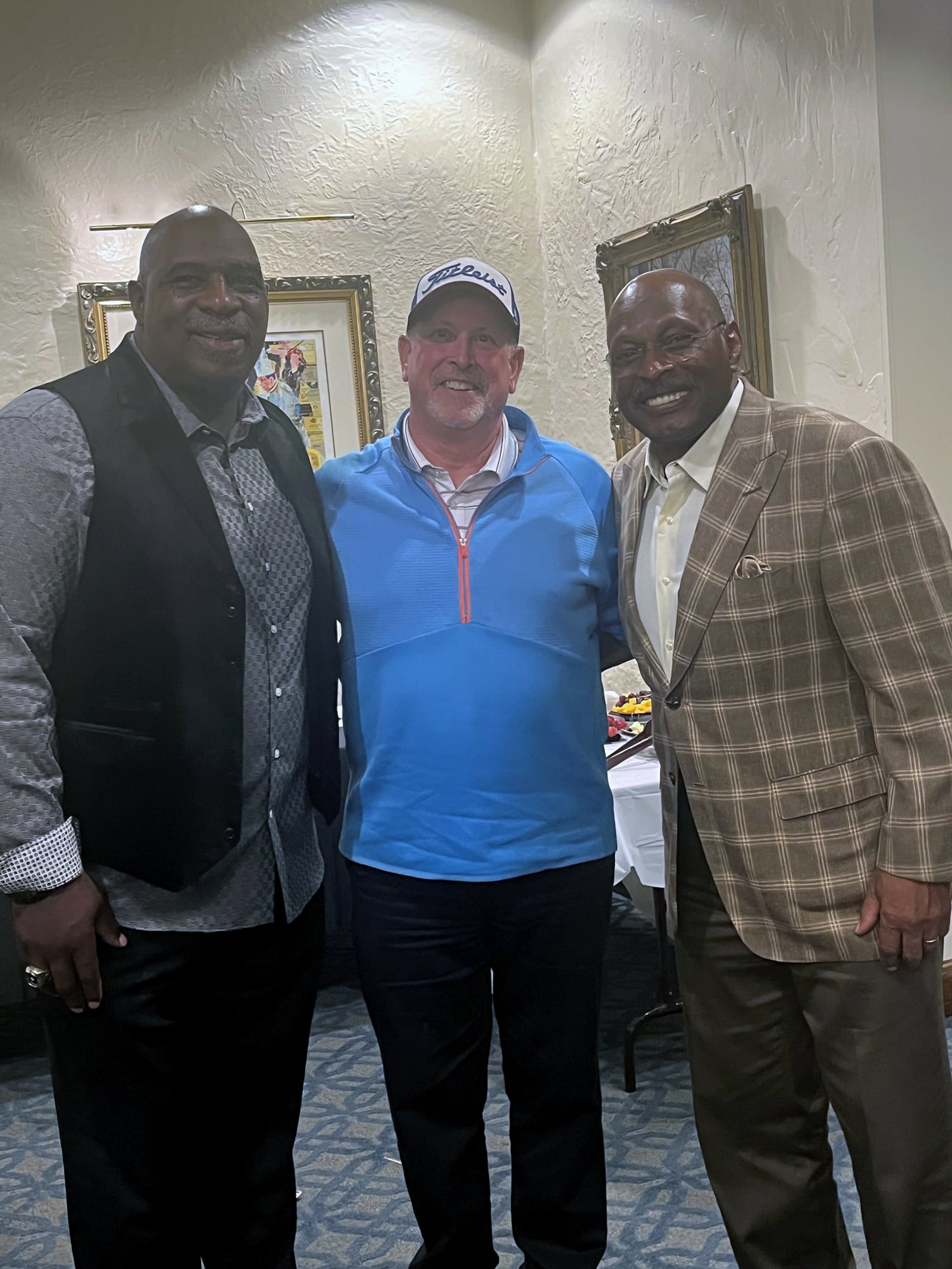 Doran (center) with college football Hall Of Fame members Keith Byars (left) and Archie Griffin. 
Keith Byars, myself, Archie Griffin.  Doran's restaurants (Lee's Famous Recipe Chicken) sponsors Byars radio show on ESPN and Doran has played in the annual Scarlett Vs. Gray golf match. He has a passion for athletics and sports.