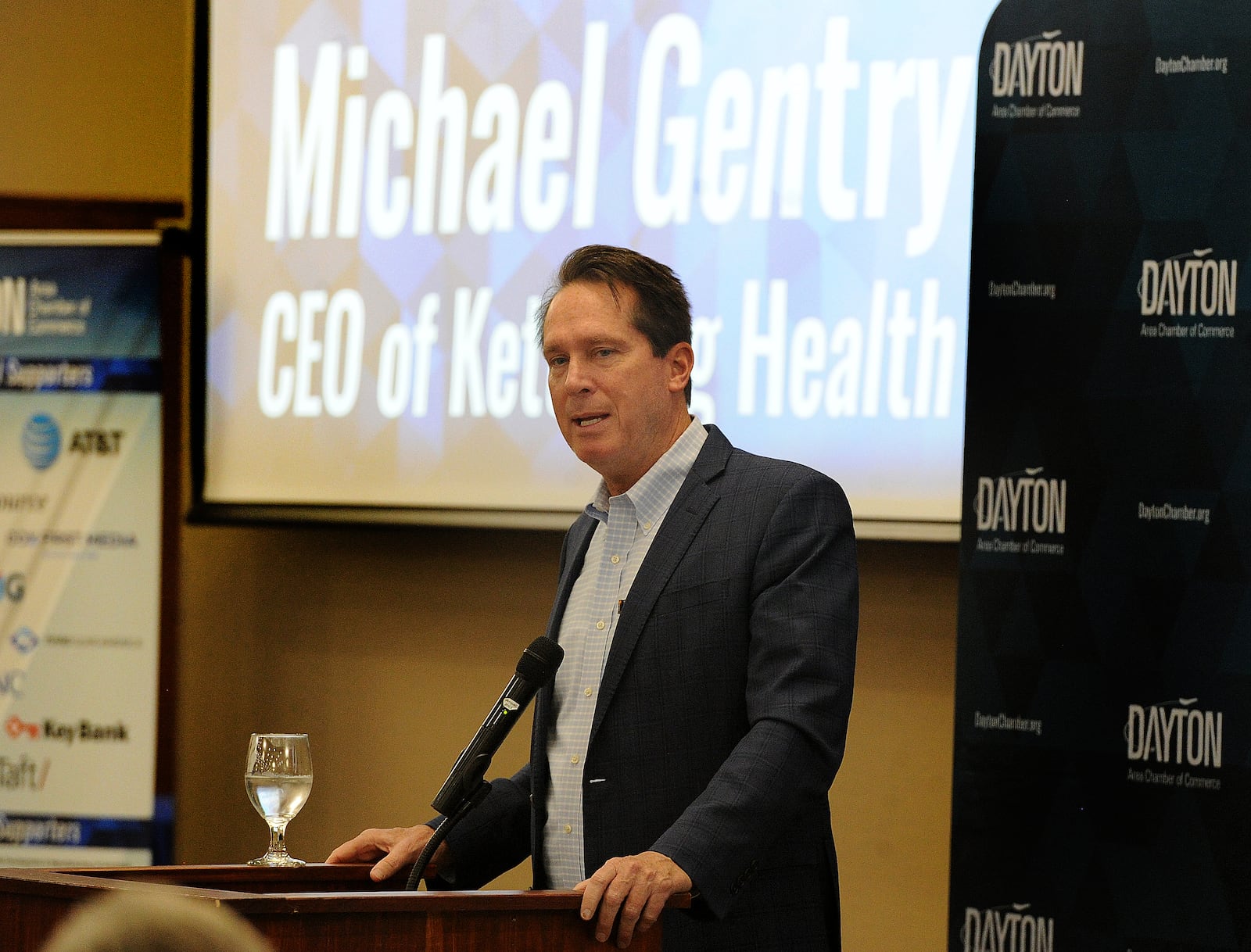 Kettering Health's new CEO Michael Gentry, was the guest speaker at the Dayton Area Chamber of Commerce breakfast event, Friday, Jan. 12, 2024. The event was held at the NCR County Club in Kettering. MARSHALL GORBY\STAFF