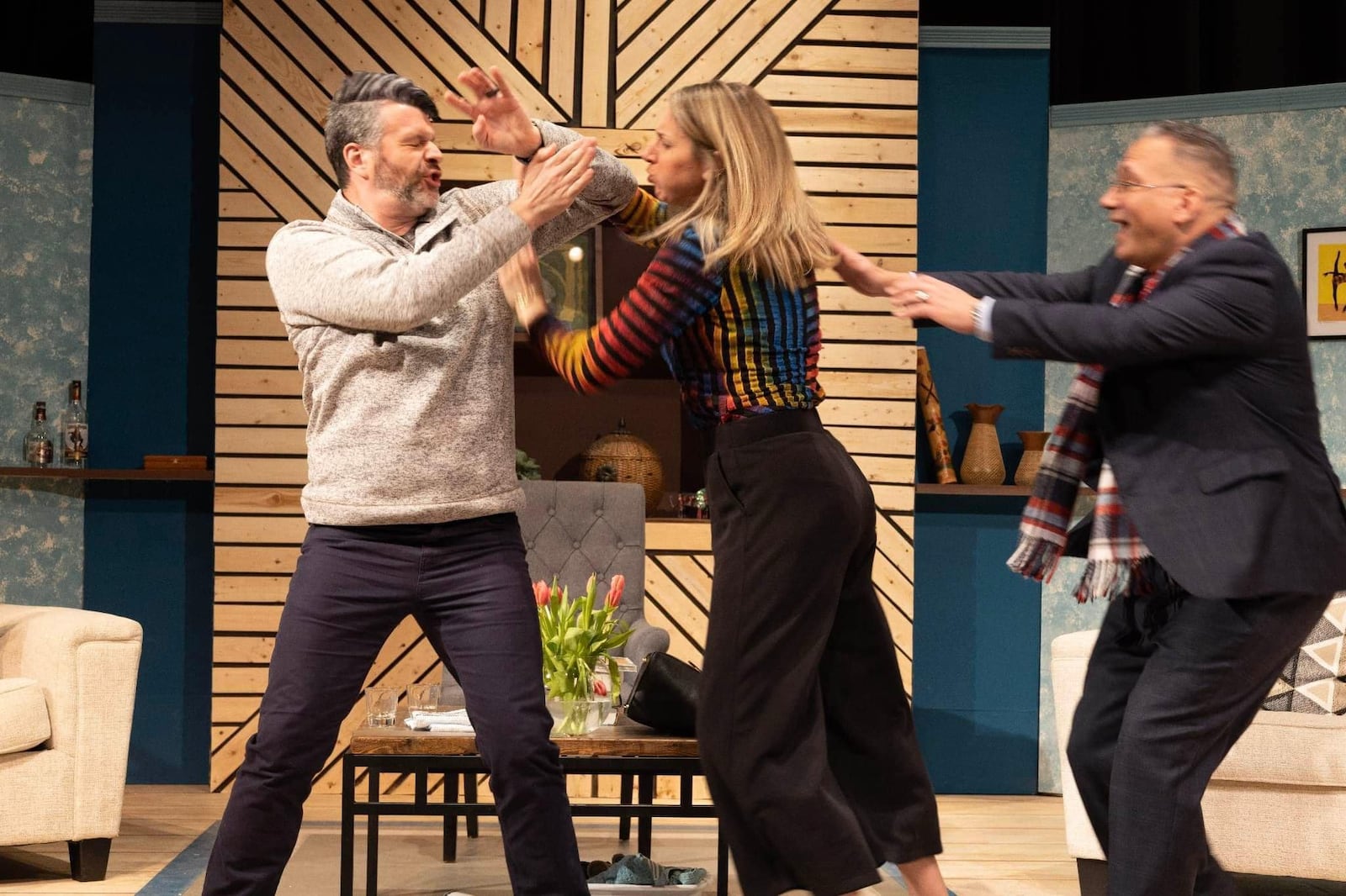 Left to right: Mike Beerbower (Michael Novak), Amy Askins (Veronica Novak) and Jeremey Gingrich (Alan Raleigh) in Dayton Playhouse's production of "God of Carnage." PHOTO BY RICK FLYNN PHOTOGRAPHY