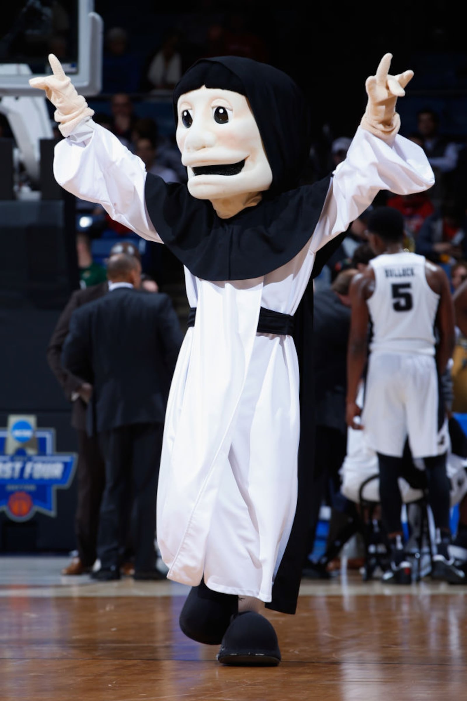 DAYTON, OH - MARCH 15:  The Providence Friars mascot performs during the First Four game between the USC Trojans and the Providence Friars in the 2017 NCAA Men's Basketball Tournament at UD Arena on March 15, 2017 in Dayton, Ohio.  (Photo by Joe Robbins/Getty Images)