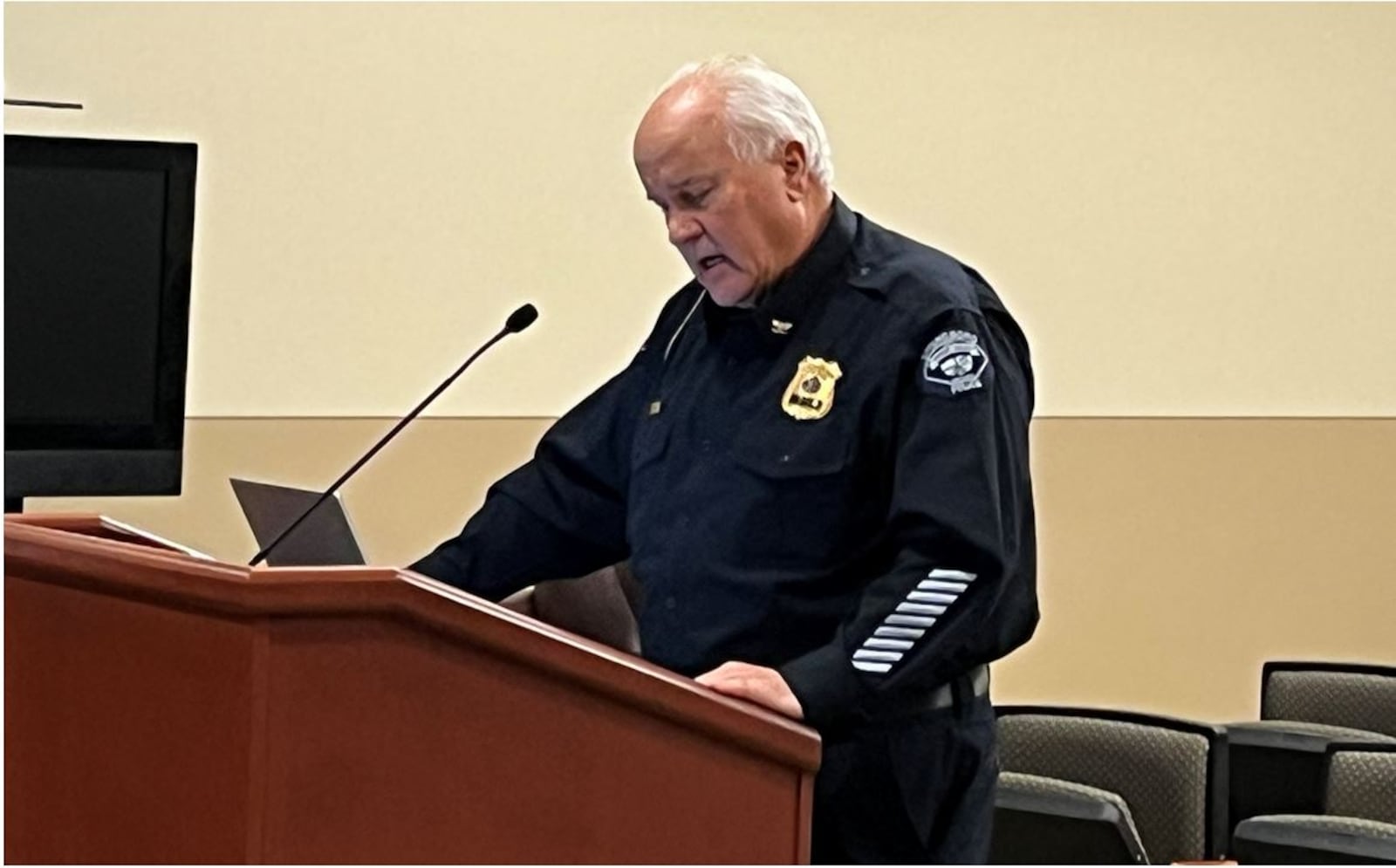 Springboro Police Chief Jeffrey P. Kruithoff tells Springboro City Council at its Feb. 2, 2023 meeting that he is planning to retire on April 21, 2023. Kruithoff said last November he marked 50 years of service in law enforcement in Michigan and Ohio. He has been Springboro's police chief for nearly 21 years. ED RICHTER/STAFF