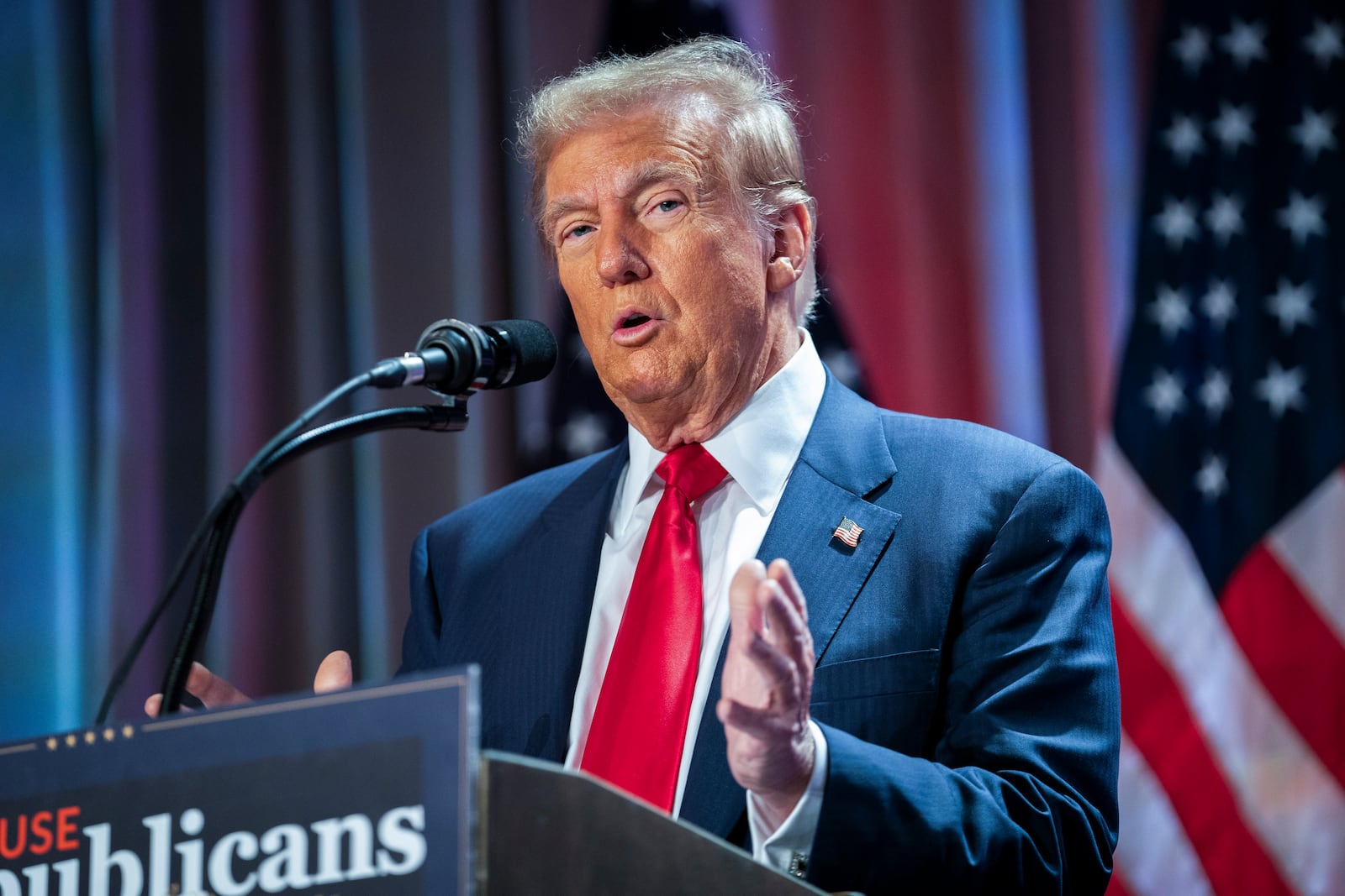 FILE - President-elect Donald Trump speaks during a meeting with the House GOP conference, Nov. 13, 2024, in Washington. (Allison Robbert/Pool Photo via AP, File)