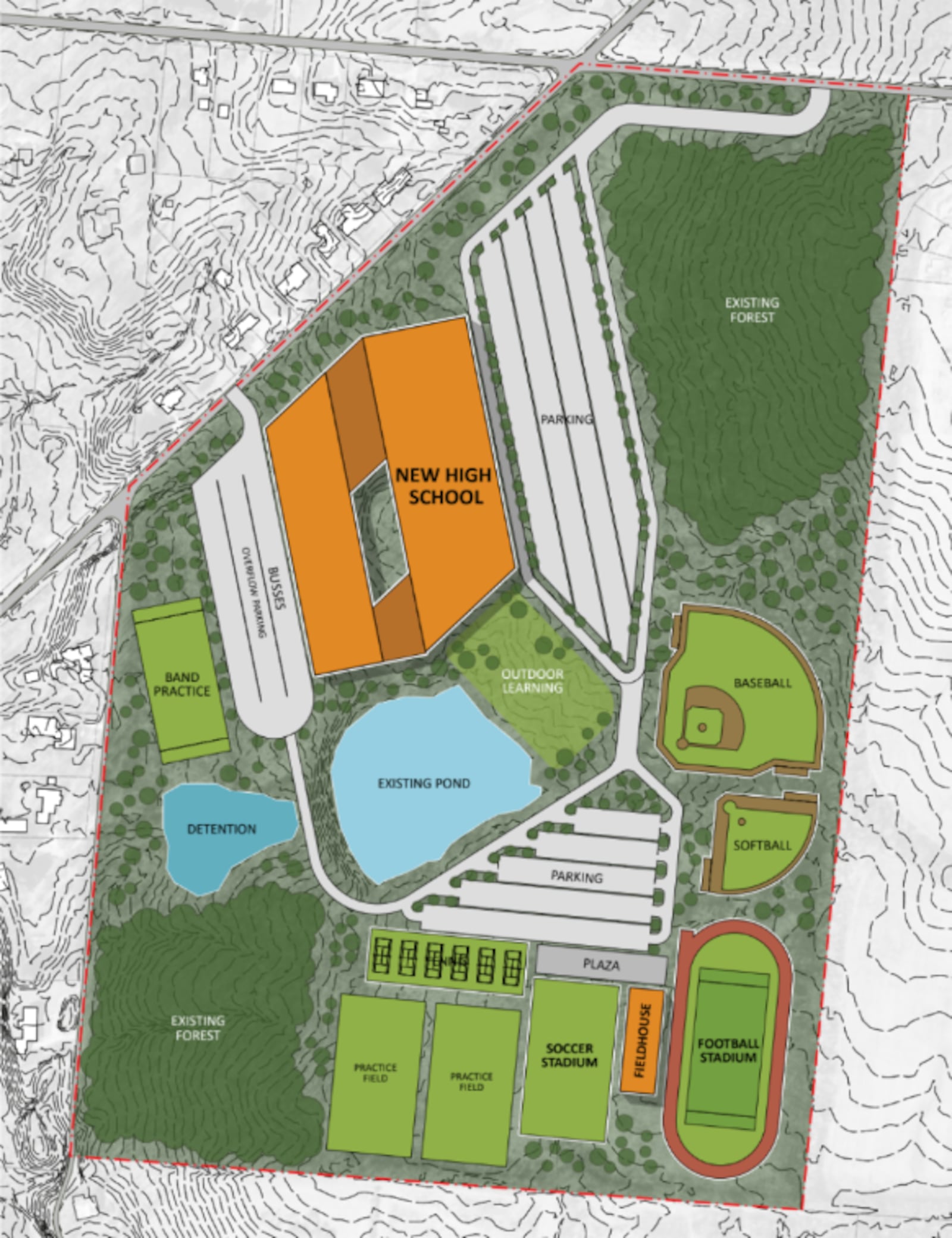 A concept rendering of the proposed new Beavercreek High School at the southeast corner of Indian Ripple Road and Alpha Bellbrook Road. CONTRIBUTED