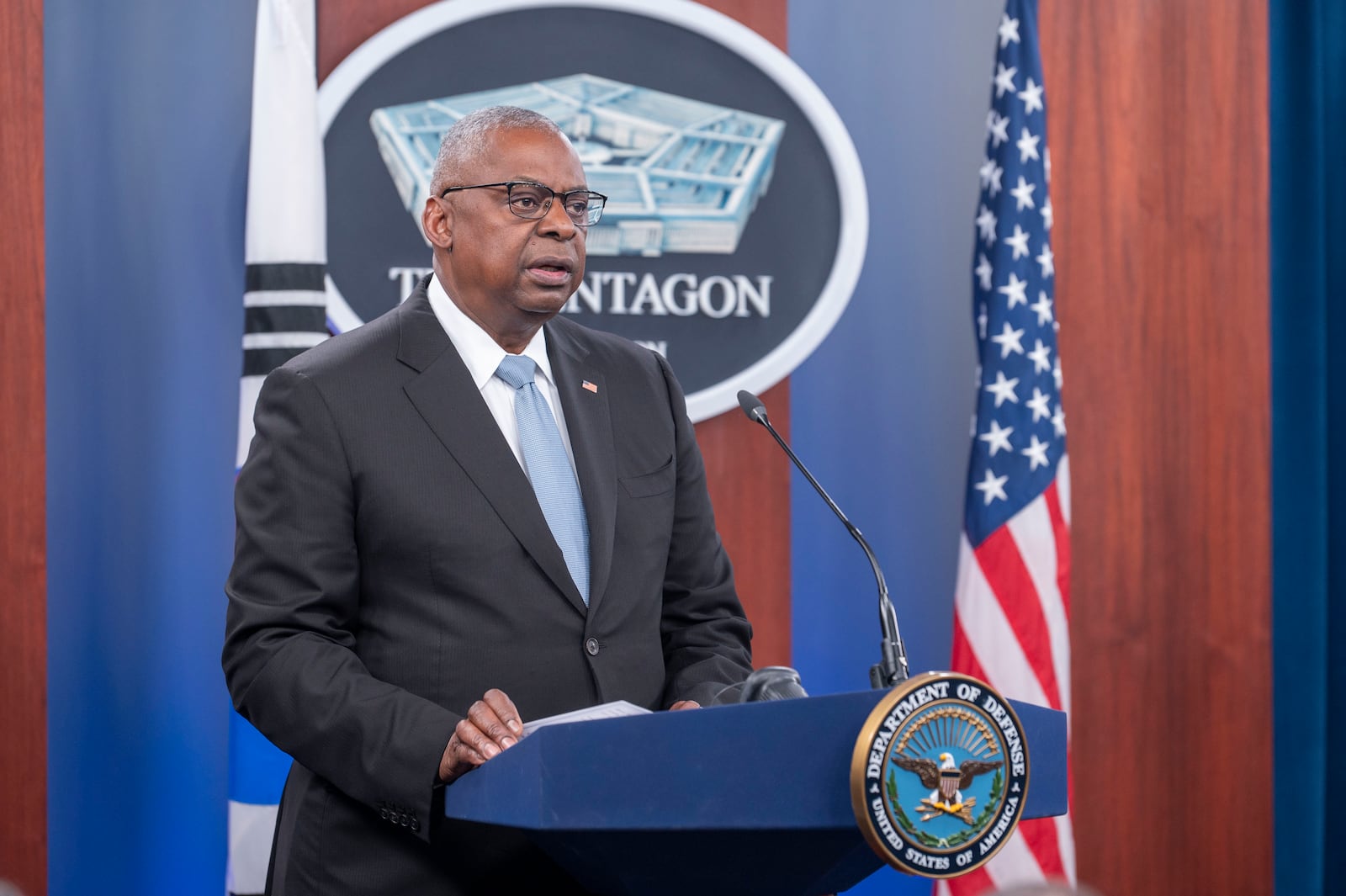 Defense Secretary Lloyd Austin speaks during a joint press briefing with South Korean Defense Minister Kim Yong Hyun at the Pentagon on Wednesday, Oct. 30, 2024 in Washington. (AP Photo/Kevin Wolf)