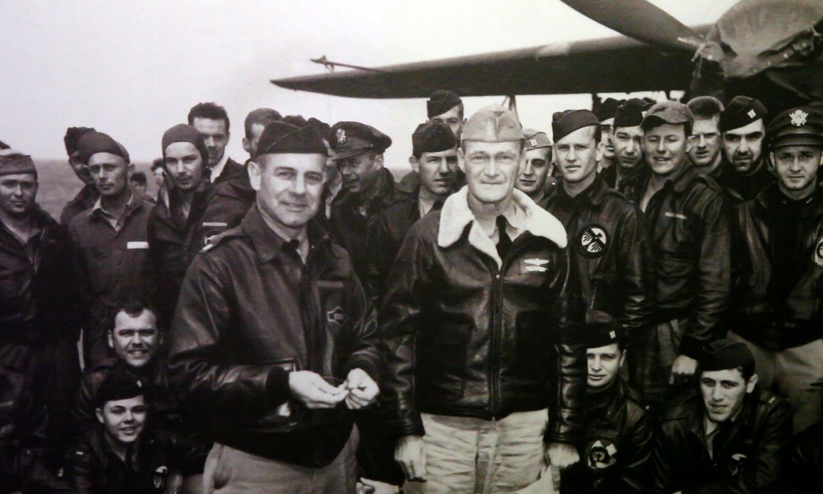 2007: This photo is from the National Museum of the U.S. Air Force exhibit of the Doolittle Raiders. The surviving members of the flight crews will be at the museum on , Nov. 9, for a final toast to their fellow crew members. In the photo, Lt. Col. James H. Doolittle (left front), leader of the attacking force, and Capt. Marc A. Mitscher, Commanding Officer of USS Hornet (CV-8), pose with a 500-pound bomb and USAAF aircrew members during ceremonies on Hornet's flight deck, while the raid task force was en route to the launching point.