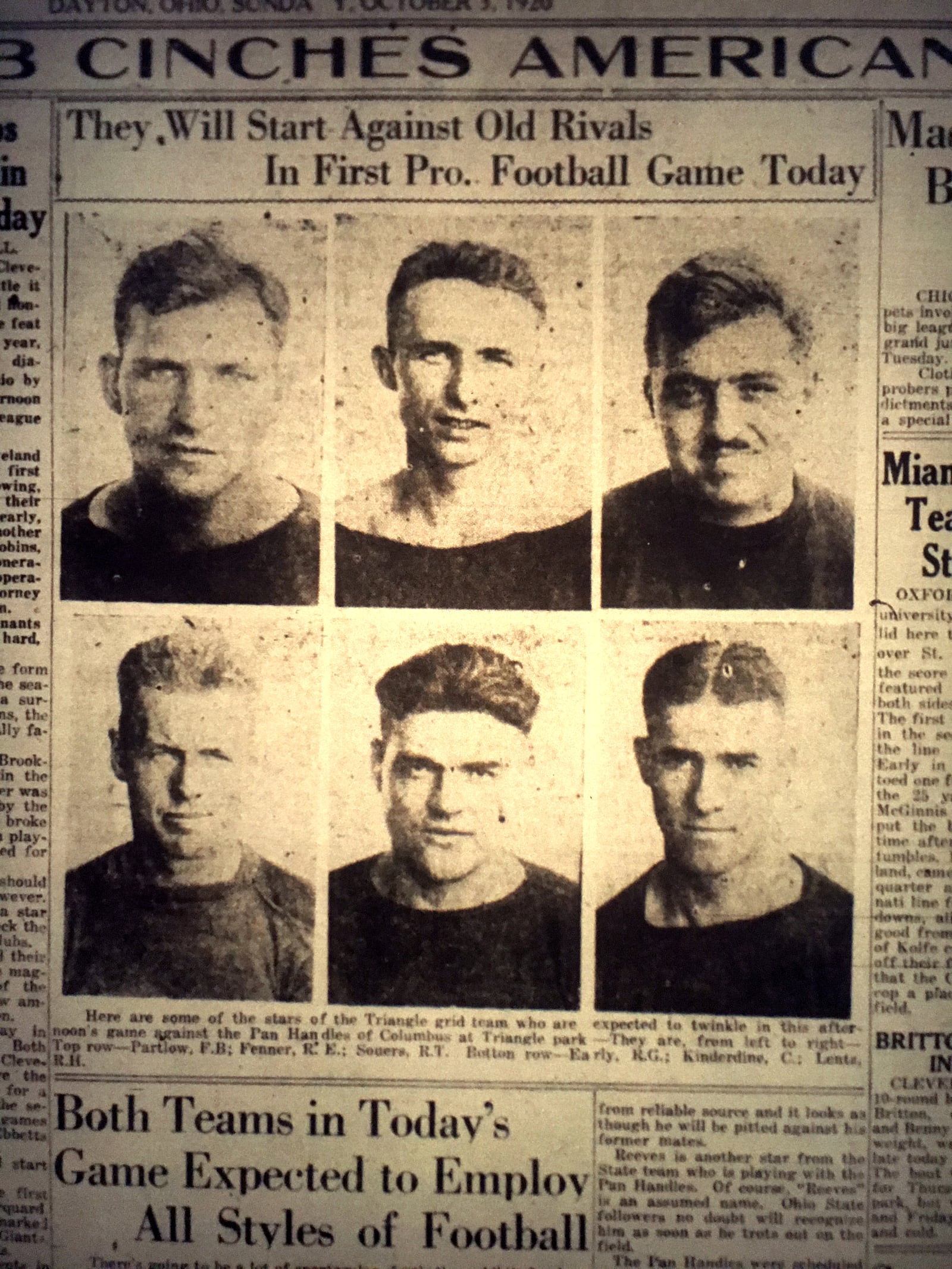 The front page of the Oct. 3, 1920 Dayton Daily News gave a preview of the first professional football game held between the Dayton Triangles and the Columbus Panhandles. The story featured photos of some of the players.