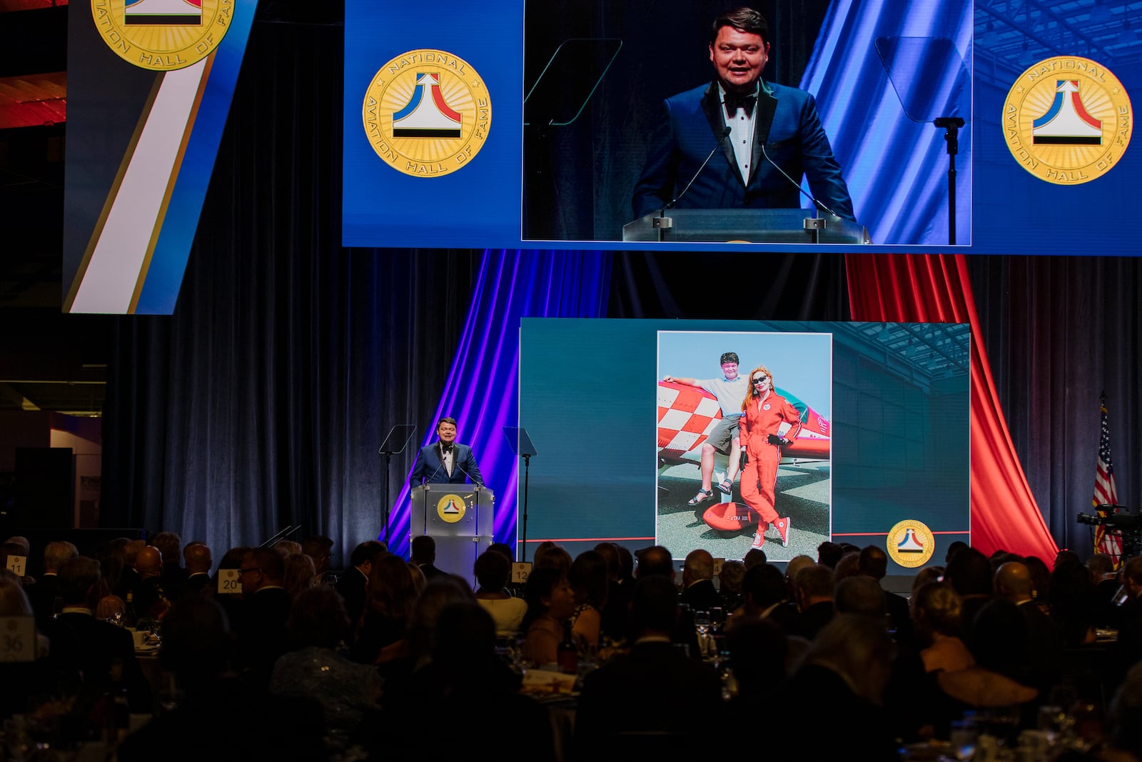 Pete emcees the 2024 National Aviation Hall of Fame Enshrinement Ceremony in Dayton, Ohio. Credit: Briana Snyder