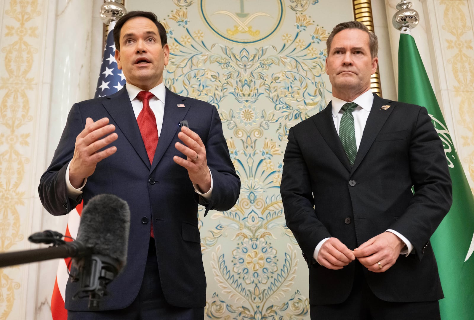 U.S. Secretary of State Marco Rubio, left, and U.S. National Security Advisor Mike Waltz speak with the media following meetings with a Ukrainian delegation in Jeddah, Saudi Arabia, March 11, 2025. (Saul Loeb/Pool Photo via AP)