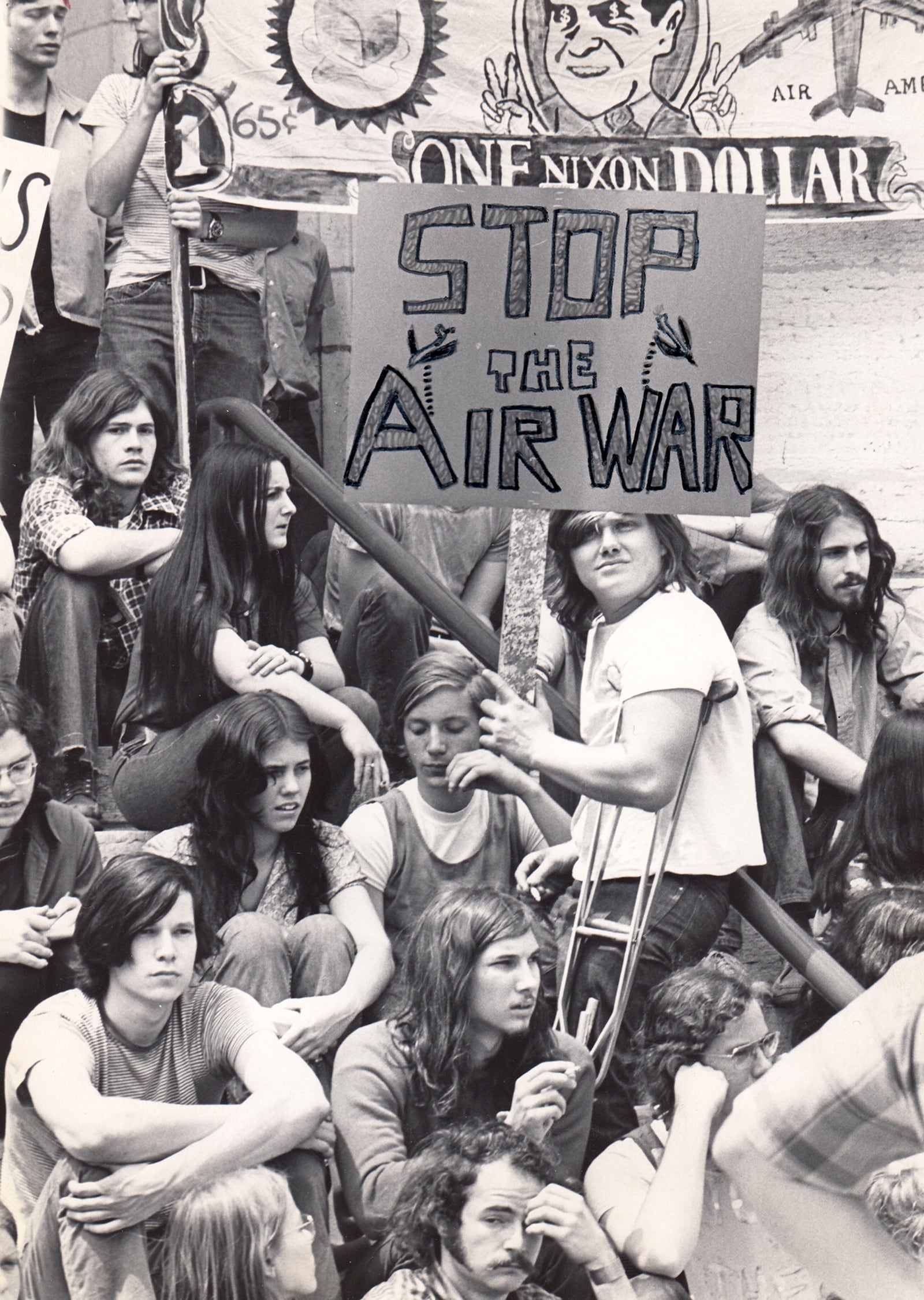 Vietnam War demonstrators gather on the steps of the Old Courthouse in Dayton May 6, 1972. DAYTON DAILY NEWS ARCHIVE