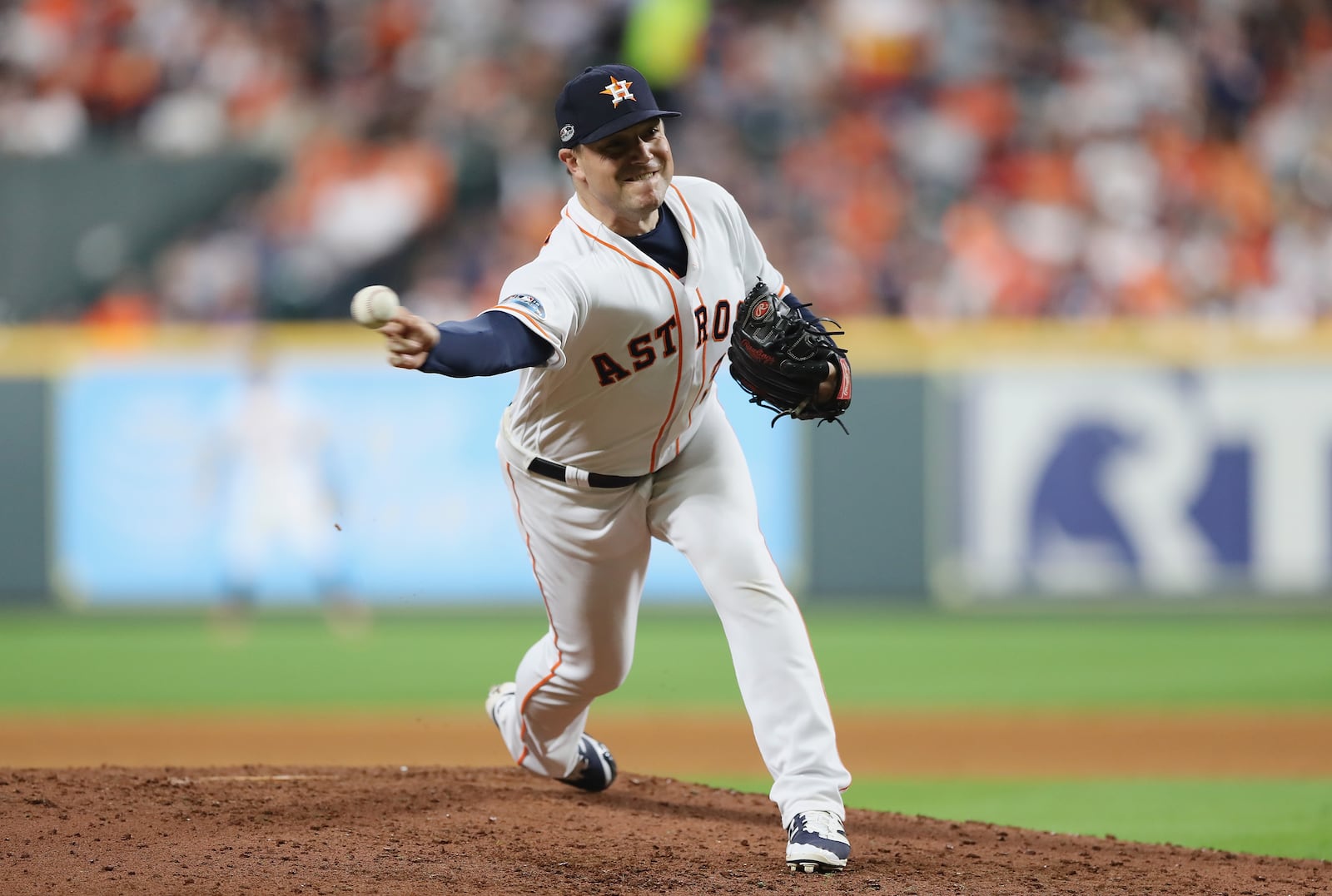 Astros reliever Joe Smith pitches in the sixth inning against the Boston Red Sox during Game Three of the American League Championship Series at Minute Maid Park on October 16, 2018 in Houston, Texas.  (Photo by Elsa/Getty Images)