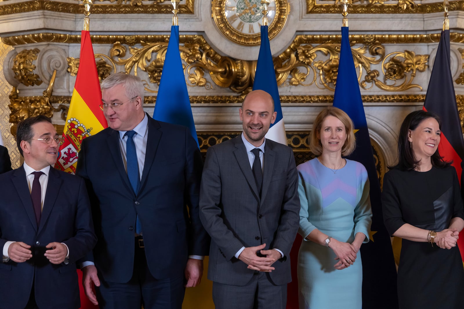 From left, Spanish Foreign Minister Jose Manuel Albares, Ukrainian Foreign Minister Andrii Sybiha, French Foreign Minister Jean-Noel Barrot, High Representative for Foreign Affairs and Security Policy and Vice-President of the European Commission Kaja Kallas, and German Foreign Minister Annalena Baerbock pose for a group photo during a meeting on European defence and Ukraine, at the Quai d'Orsay in Paris, France, Wednesday, Feb. 12, 2025. (Christophe Petit-Tesson, Pool Photo via AP)