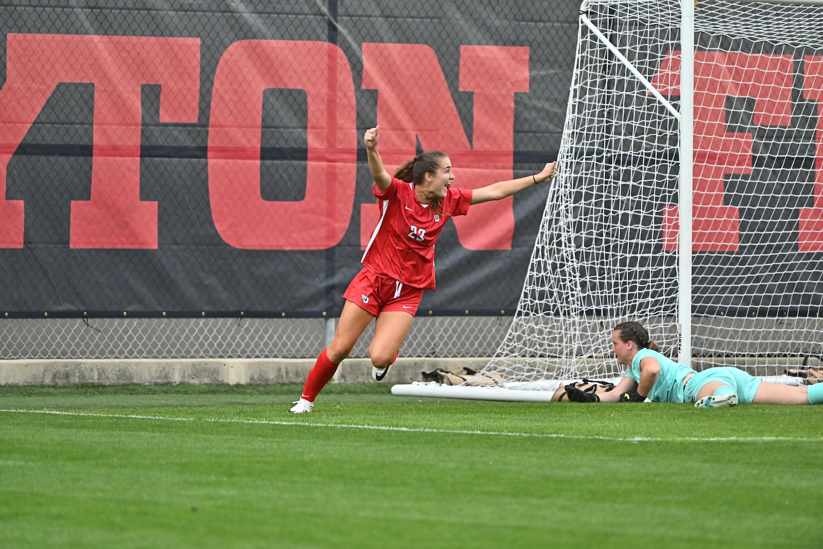 Mairin Wessner, of the Dayton women's soccer team, celebrates a goal against Cincinnati on Sunday, Aug. 20, 2023, at Baujan Stadium. Photo courtesy of  University of Dayton Athletics