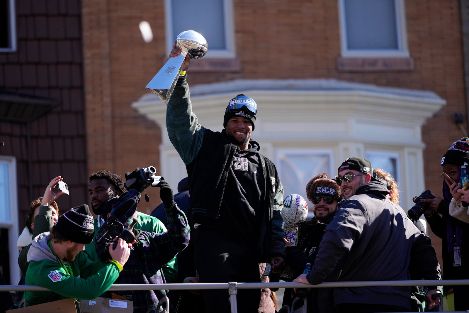 Philadelphia Eagles' Saquon Barkley celebrates during the NFL football Super Bowl 59 parade and celebration, Friday, Feb. 14, 2025, in Philadelphia. (AP Photo/Matt Slocum)