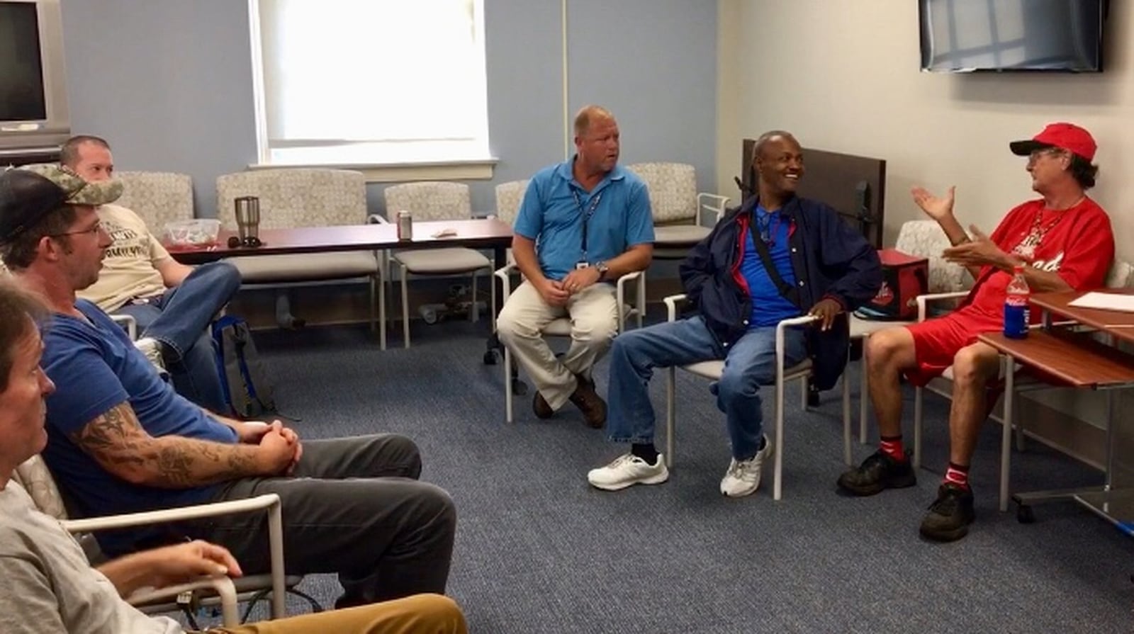 Veterans attend a 12-step group meeting at the Dayton VA Medical Center. KATIE WEDELL/STAFF