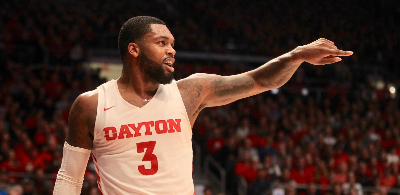 Dayton’s Trey Landers reacts after scoring and being fouled against Fordham on Saturday, Feb. 1, 2020, at UD Arena. David Jablonski/Staff