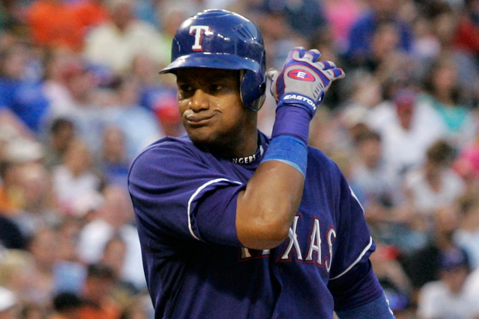 FILE - Texas Rangers' Sammy Sosa reacts to striking out against Baltimore Orioles pitcher Jeremy Guthrie in the third inning of a baseball game in Arlington, Texas, Friday, July 6, 2007. (AP Photo/Tony Gutierrez, File)