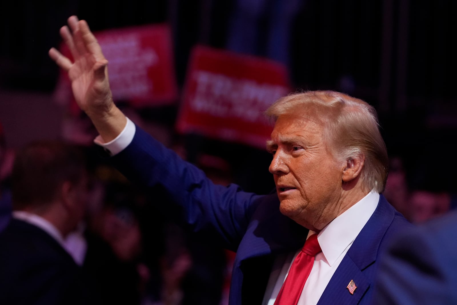 Republican presidential nominee former President Donald Trump waves at a campaign rally at Madison Square Garden, Sunday, Oct. 27, 2024, in New York. (AP Photo/Alex Brandon)