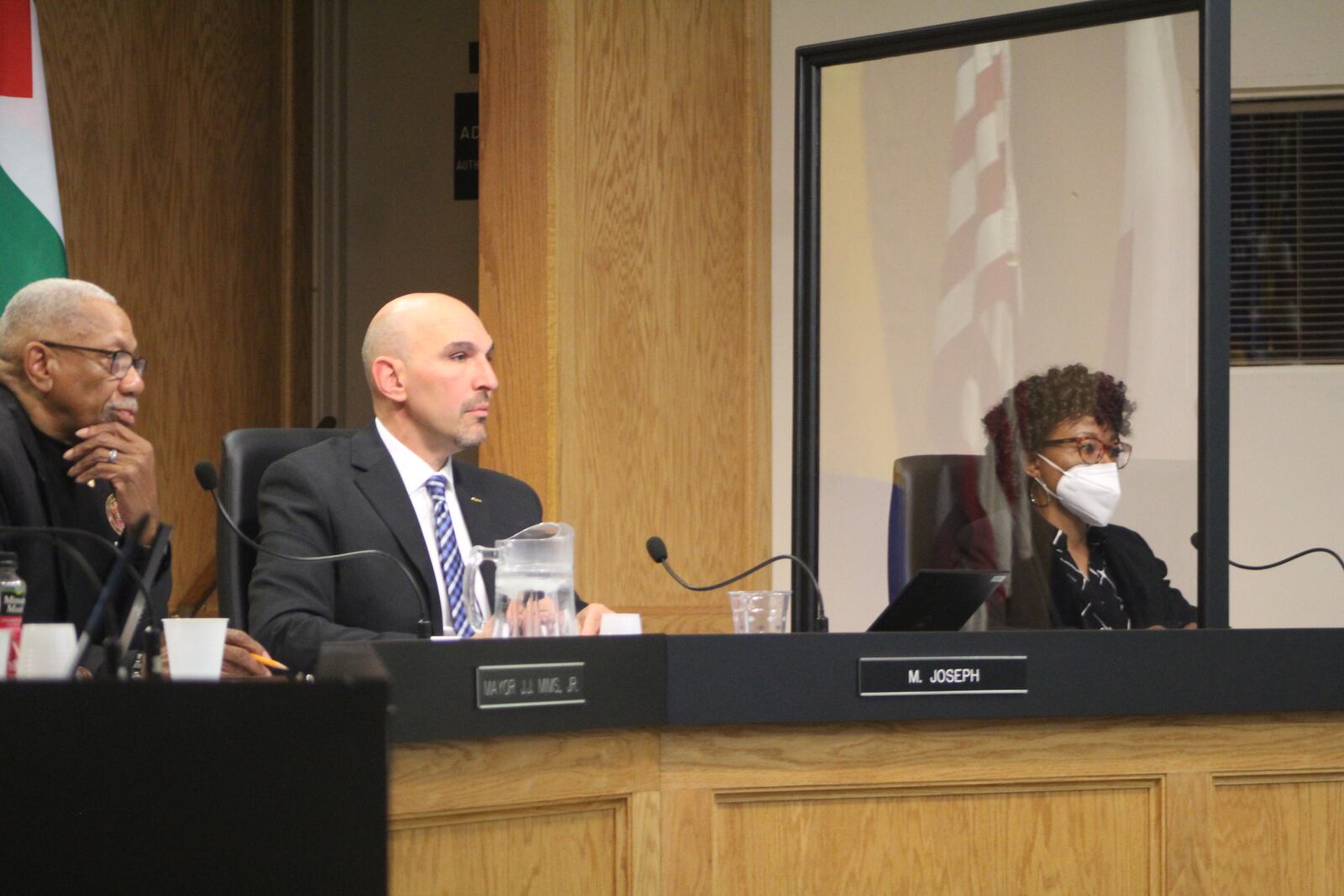 Dayton Mayor Jeffrey Mims Jr. and Commissioners Matt Joseph and Shenise Turner-Sloss at a city commission meeting on Wednesday, May 3, 2023. CORNELIUS FROLIK / STAFF