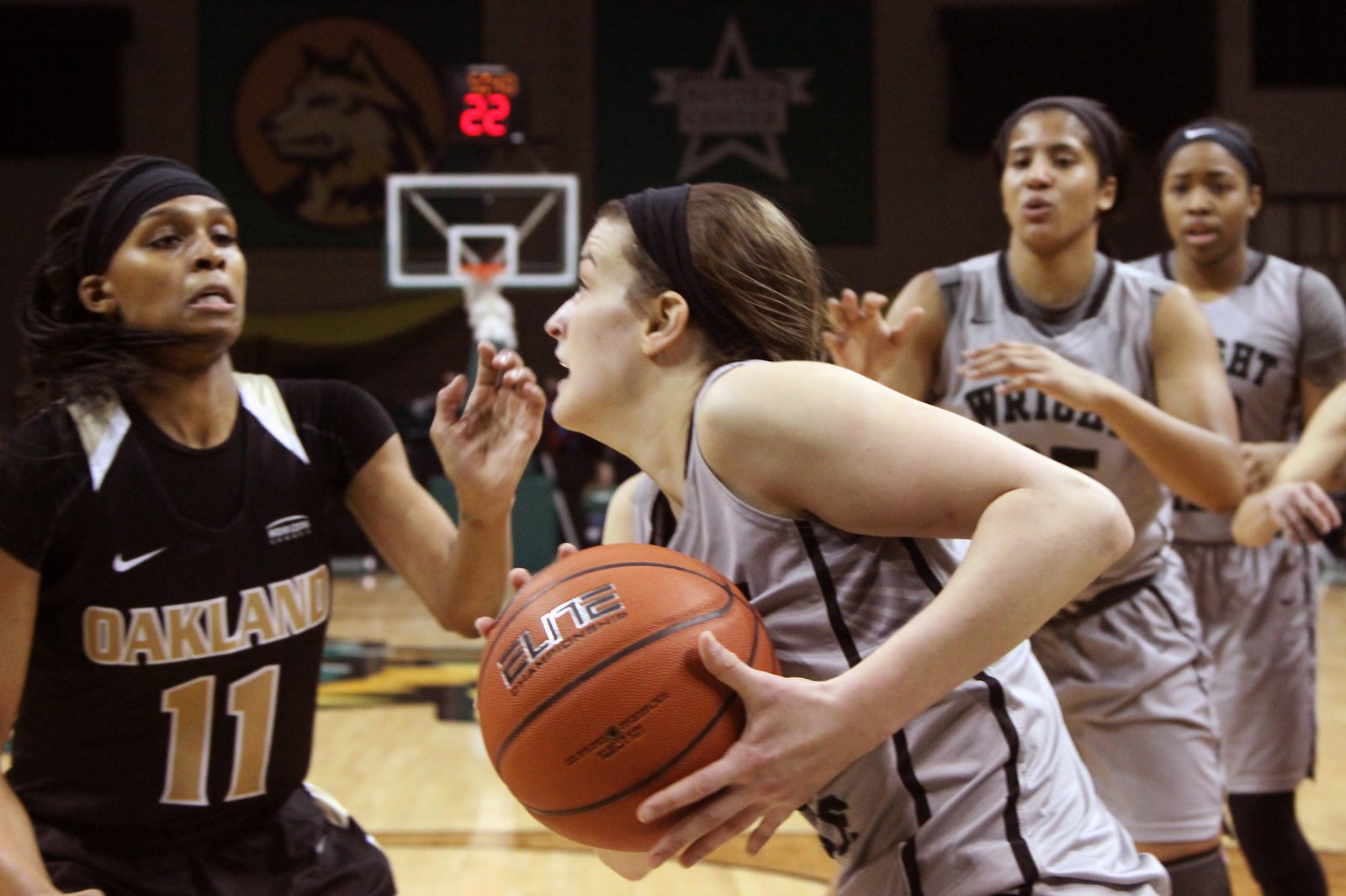 Wright State’s Emily Vogelpohl drives during Sunday’s win over Oakland Univeristy. Mike Hartsock/WHIO TV