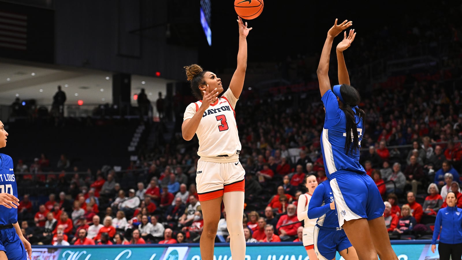 Dayton's Anyssa Jones puts up a shot against Saint Louis at UD Arena on Wednesday, Feb. 8, 2023. Erik Schelkun/UD Athletics