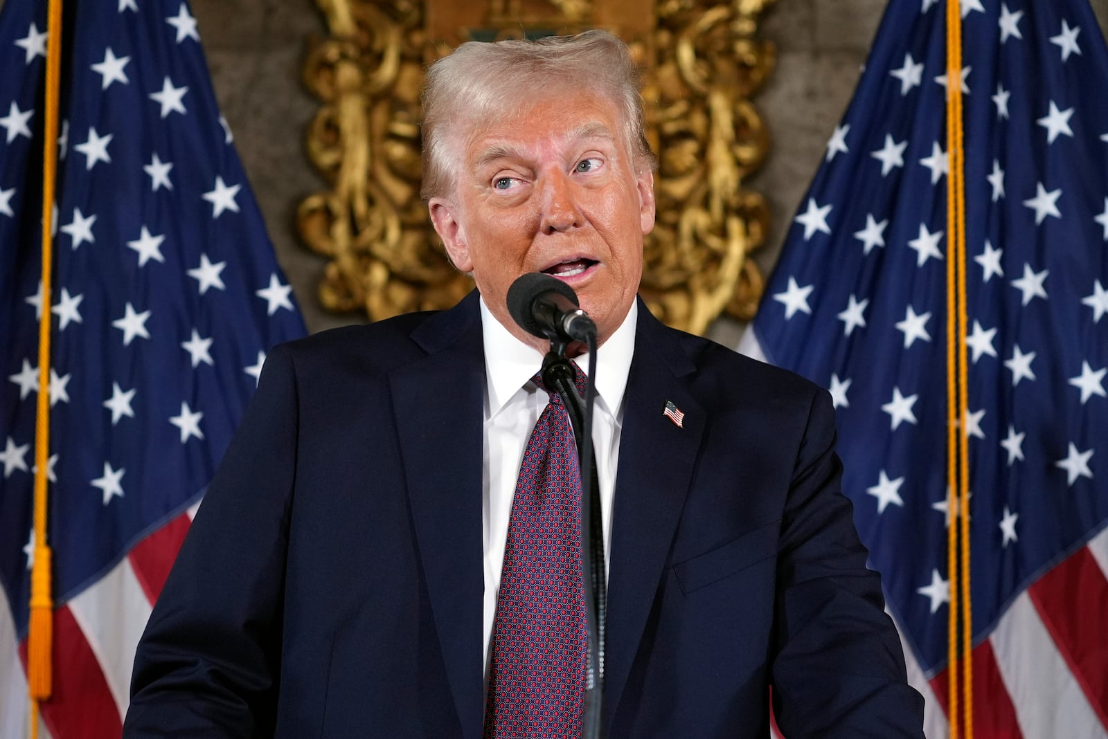 FILE - President-elect Donald Trump speaks during a news conference at Mar-a-Lago, in Palm Beach, Fla., Jan. 7, 2025. (AP Photo/Evan Vucci,File)