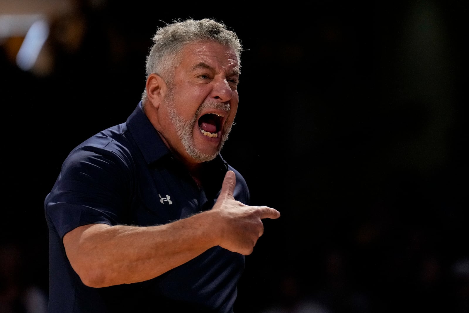 Auburn head coach Bruce Pearl yells to the bench during the first half of an NCAA college basketball game against Vanderbilt, Tuesday, Feb. 11, 2025, in Nashville, Tenn. (AP Photo/George Walker IV)