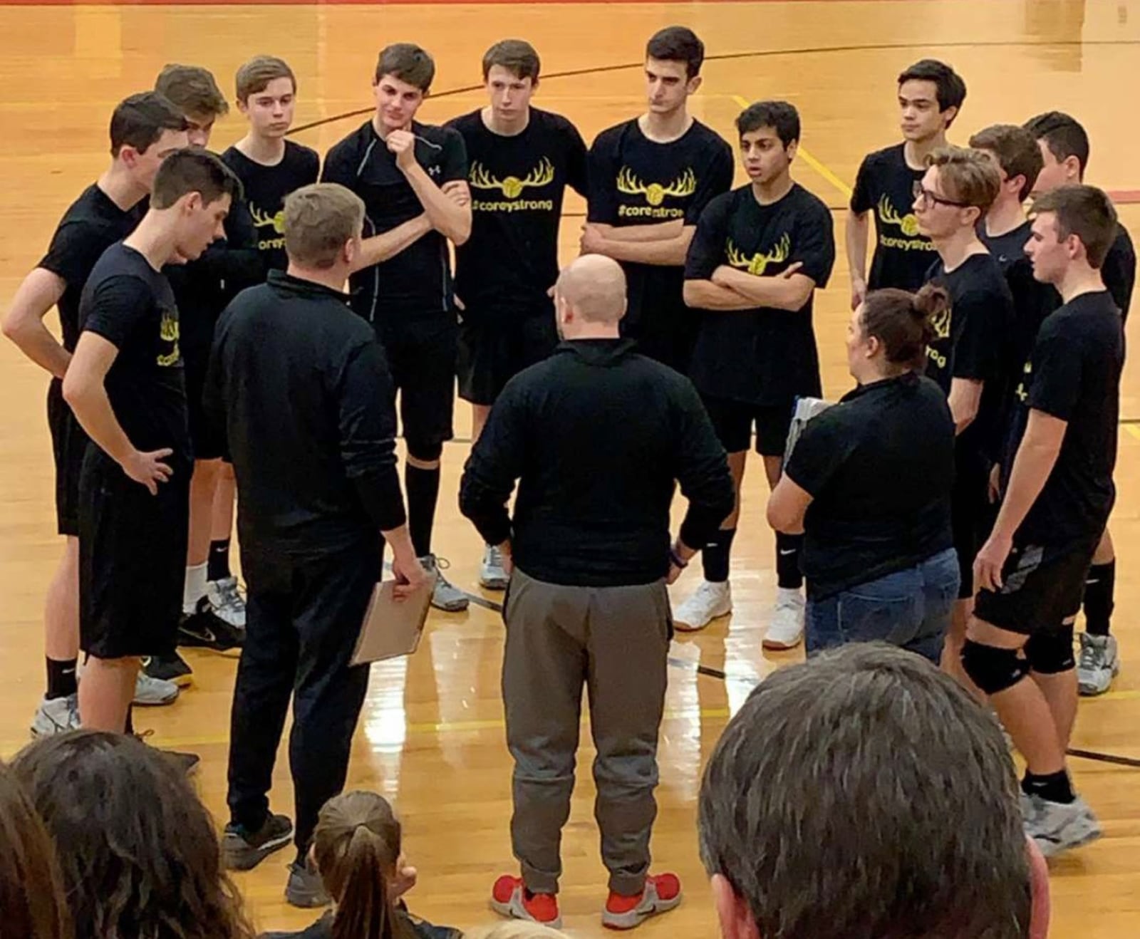 Members of the Centerville High School boys vollleyball team wearing their #CoreyStrong T-shirts in honor of coach Corey Burge, who has Hodgkin’s lymphoma. CONTRIBUTED