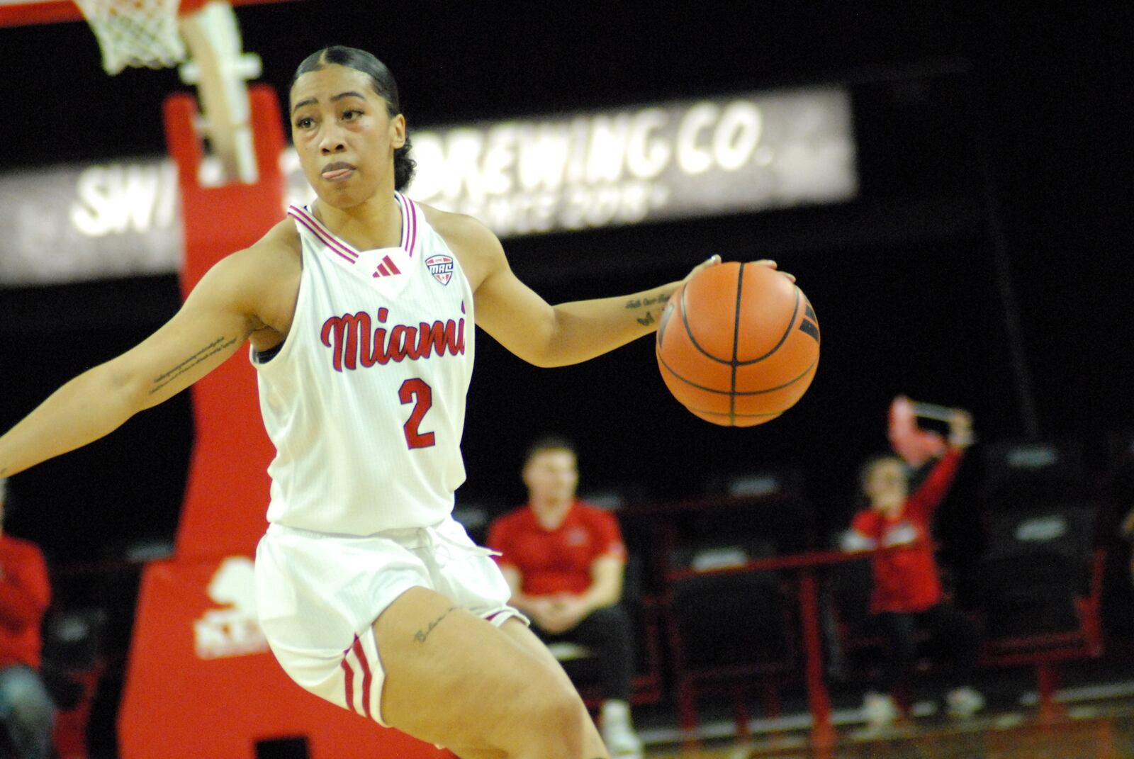 Miami's Hennessey Luu-Brown (2) dribbles the ball against Central Michigan on Wednesday night at Millett Hall. Chris Vogt/CONTRIBUTED