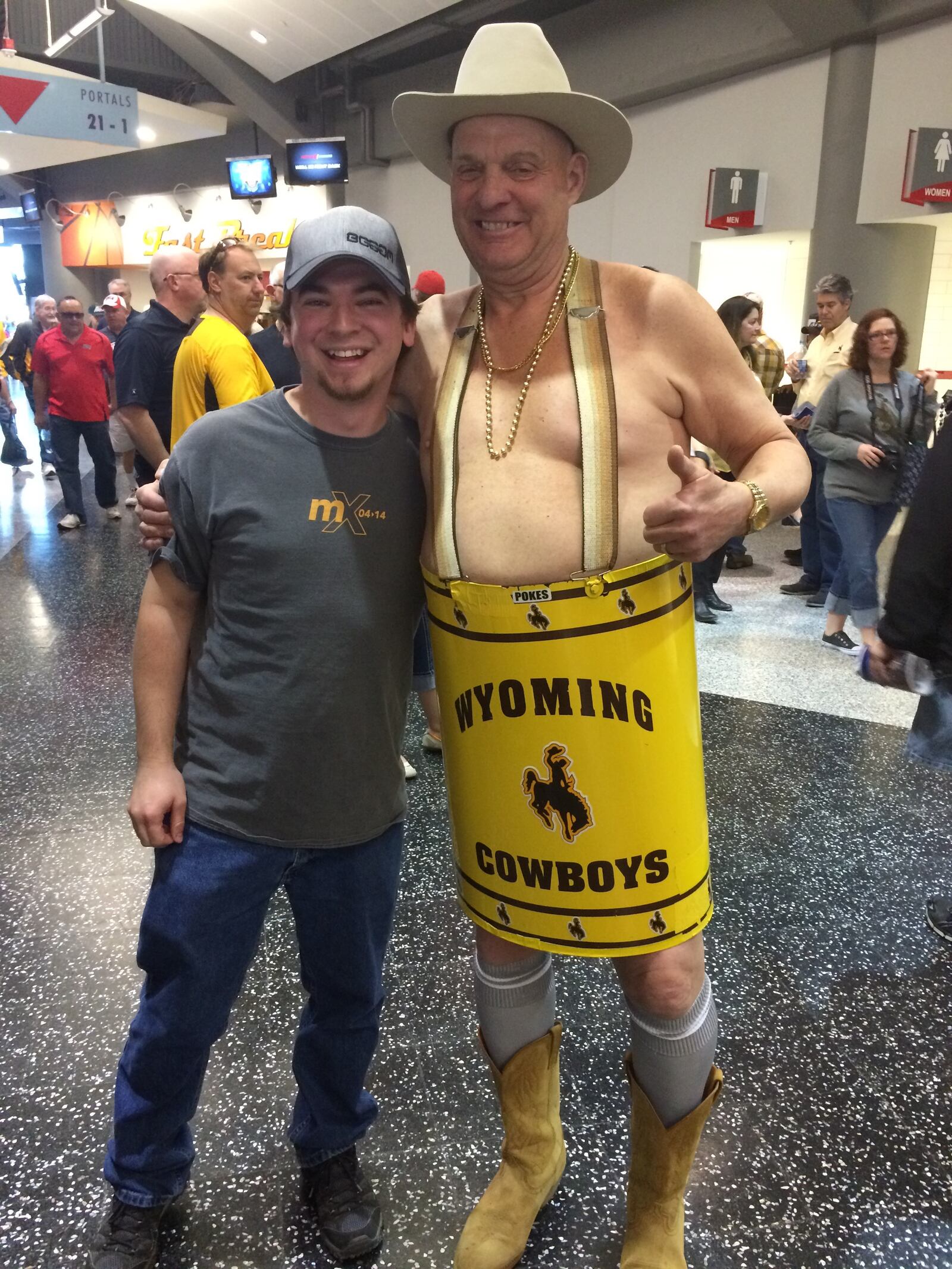 Craig Caswell and "Cowboy Ken the Barrel Man" (Ken Koretos) at the Mountain West Tournament in Las Vegas, March 2016. Craig – often accompanied by his wife Jaclyn Meyer – is just two games away from completing his quest to watch a game involving each of the 363 college teams now playing Division I basketball. He began the venture back in 2008 and will complete it next month when he sees the last two teams on his list: Abilene Christian and American. CONTRIBUTED