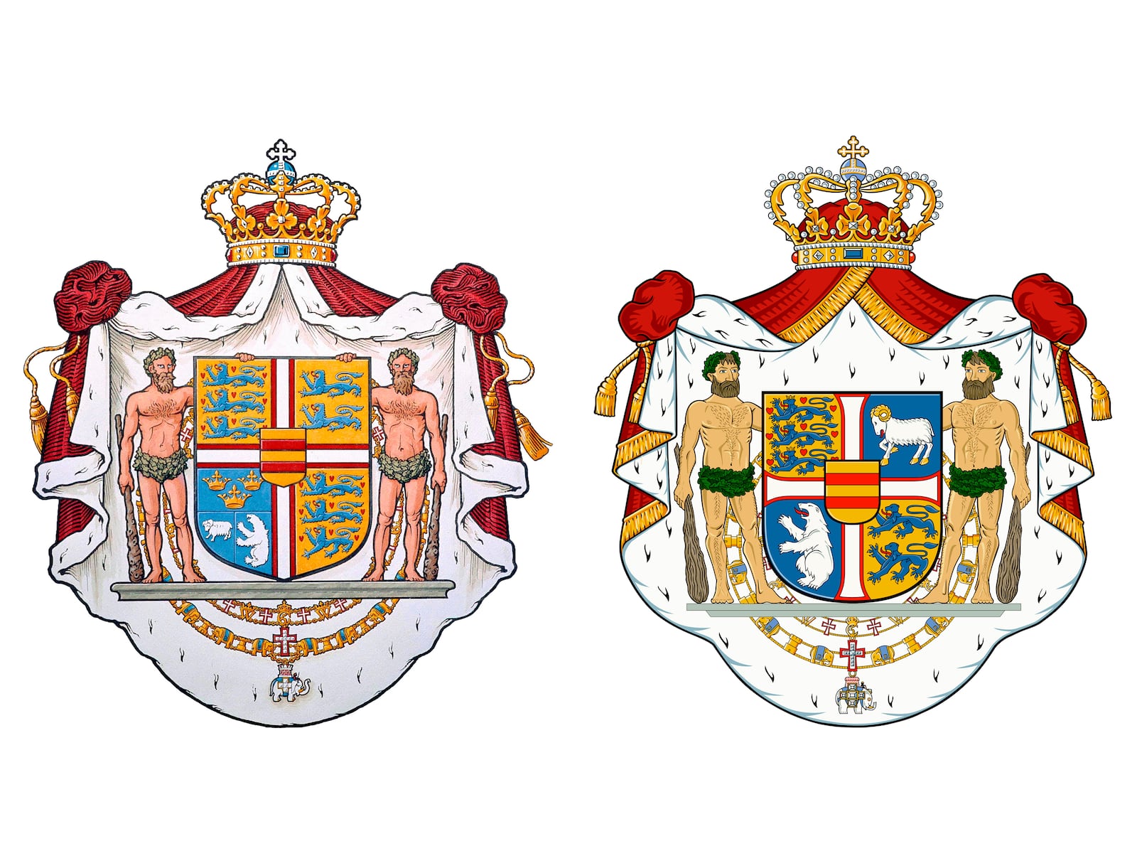 The new Danish Royal Coat of Arms, right, is seen next to the one established in 1972, seen at left. (Danish Royal House via AP)