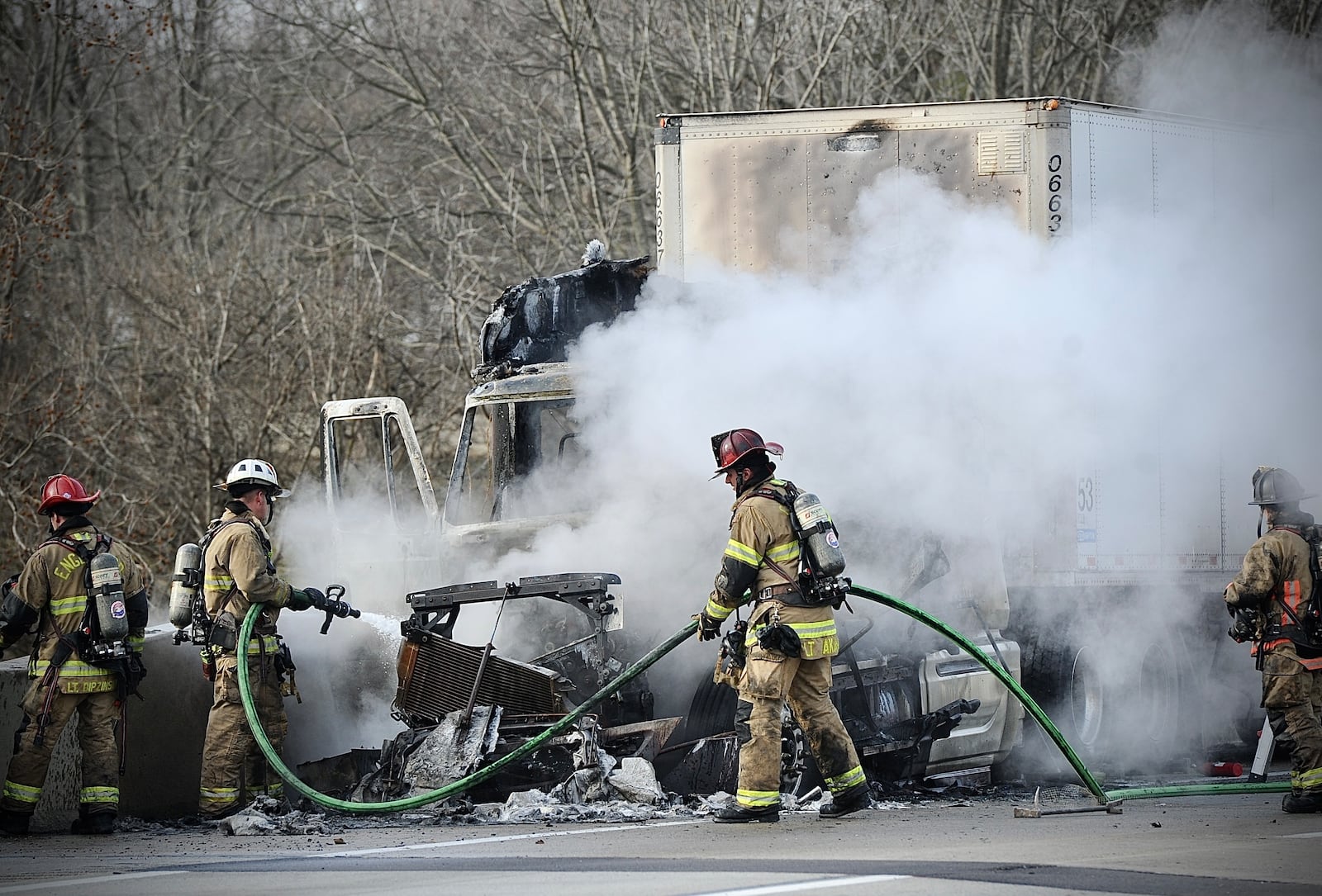 A tractor-trailer caught fire on eastbound Interstate 70 near Englewood on Wednesday Jan. 11, 2023. MARSHALL GORBY\STAFF