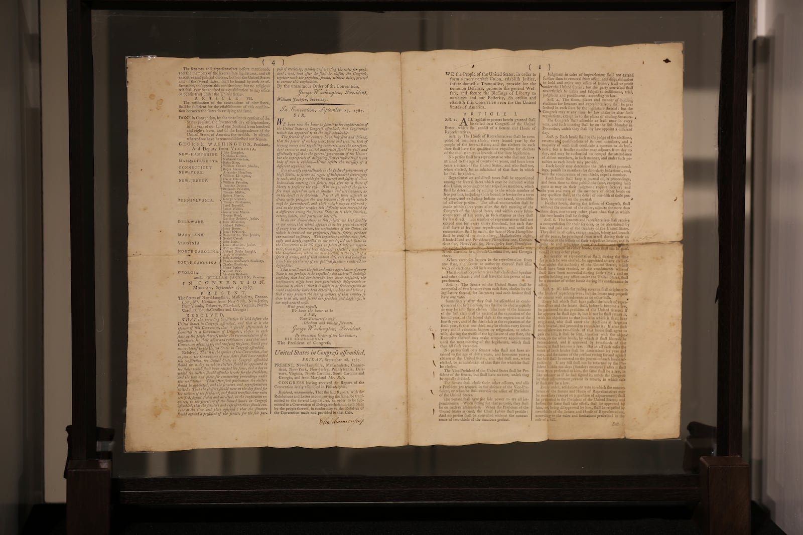 A 1787 copy of the U.S. Constitution that sold for $9 million is displayed at Brunk Auctions in Asheville, N.C., on Thursday, Oct. 17, 2024. (AP Photo/Jeffrey Collins)