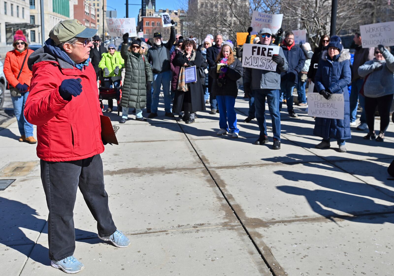 Ella Rayburn, a former National Park Service employee that helped create the Steamtown National Historical site, speaks at a "Save Steamtown" rally to protest the Trump administration layoffs at the Steamtown National Historic Site in Scranton, Pa., Saturday, Feb. 22, 2025. (Aimee Dilger/WVIA via AP)