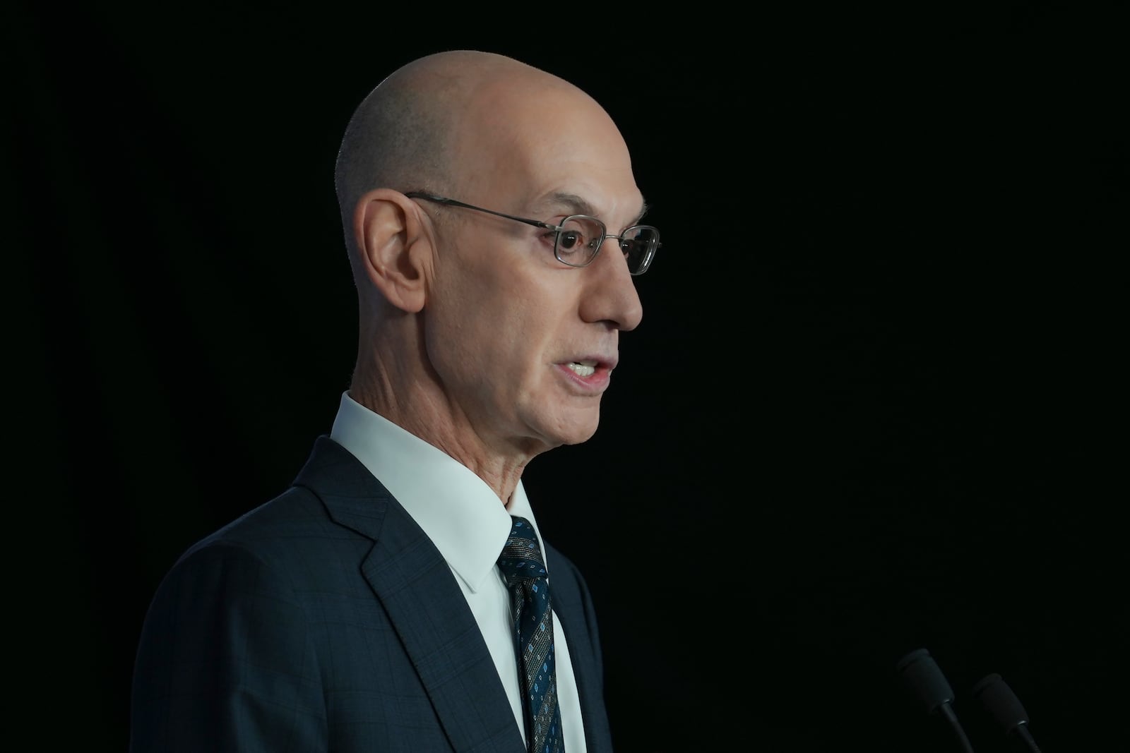 NBA Commissioner Adam Silver speaks at a news conference before an NBA basketball game between the Indiana Pacers and the San Antonio Spurs in Paris, Thursday, Jan. 23, 2025. (AP Photo/Thibault Camus)