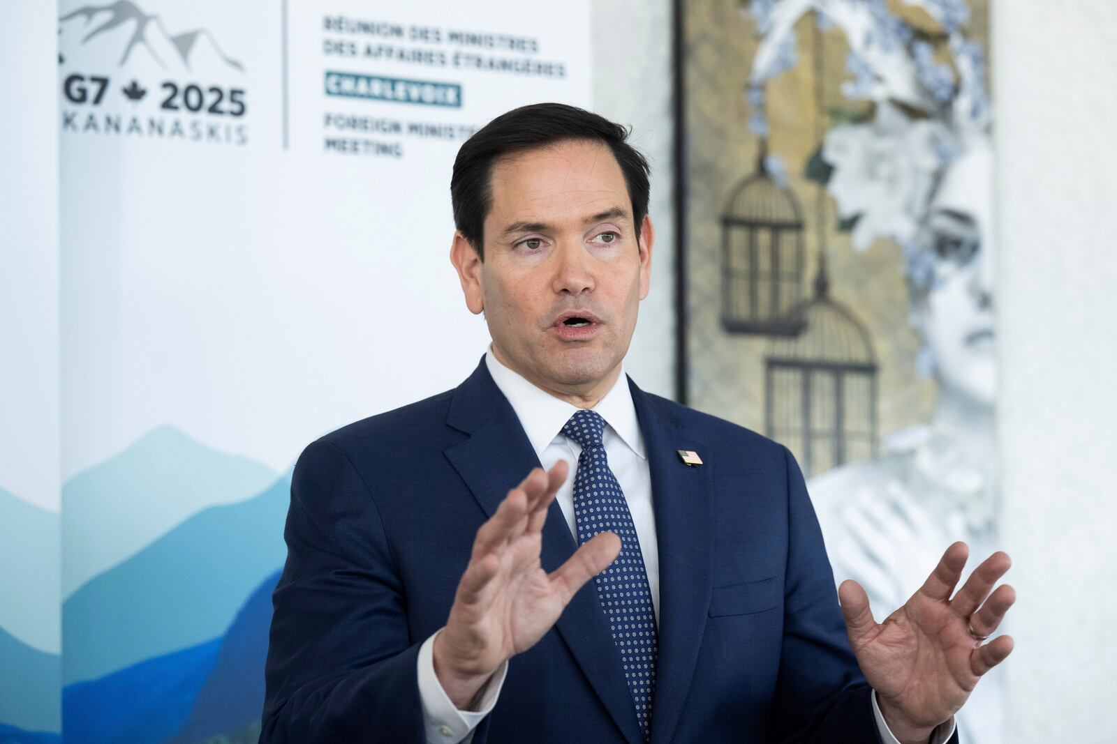 US Secretary of State Marco Rubio speaks with reporters following the G7 foreign ministers meeting in La Malbaie, Quebec, Canada, on Friday, March 14, 2025. (Saul Loeb, Pool Photo via AP)