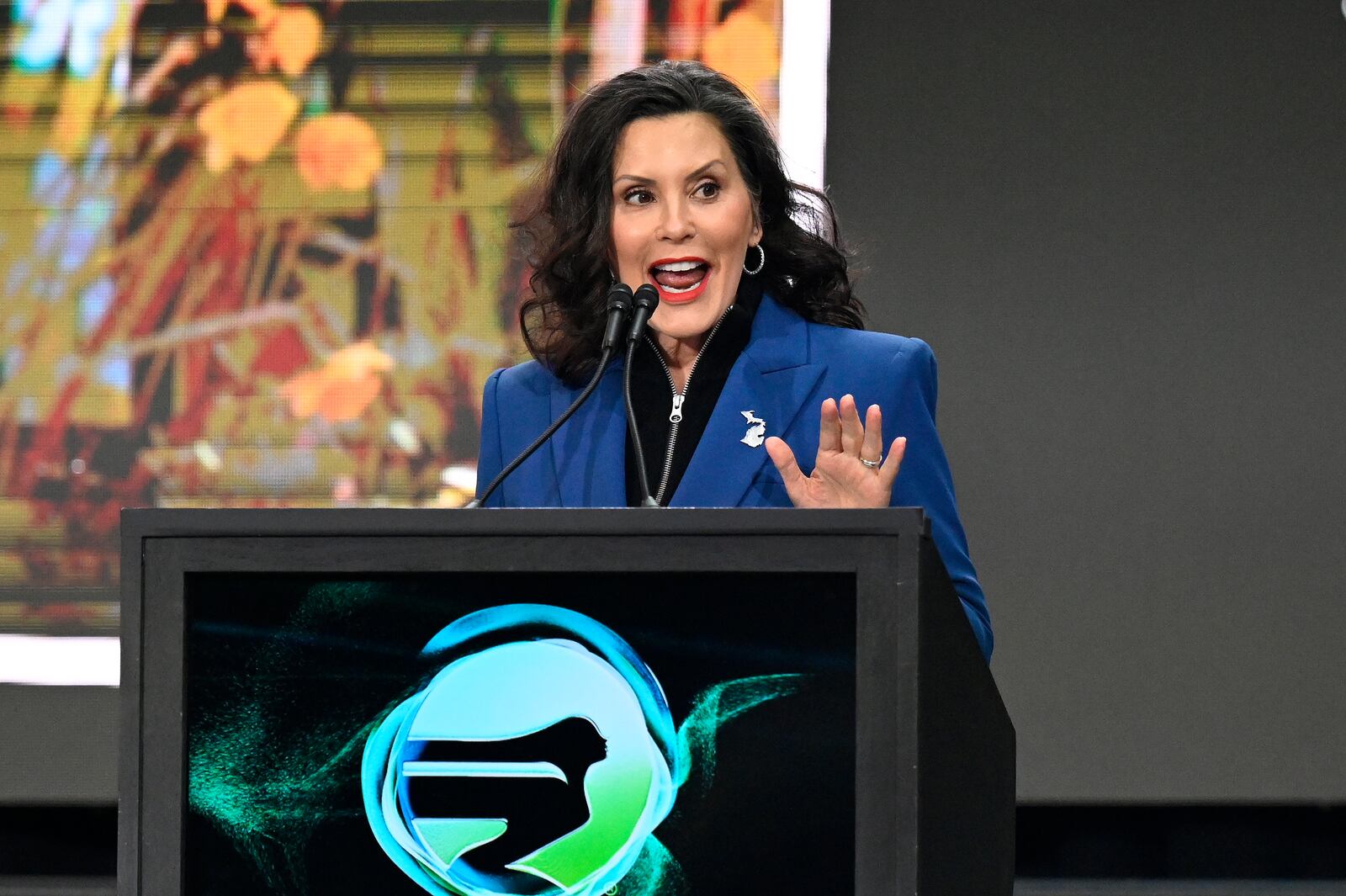 Michigan Gov. Gretchen Whitmer speaks at the Detroit Auto Show, Wednesday, Jan. 15, 2025, in Detroit. (AP Photo/Jose Juarez)