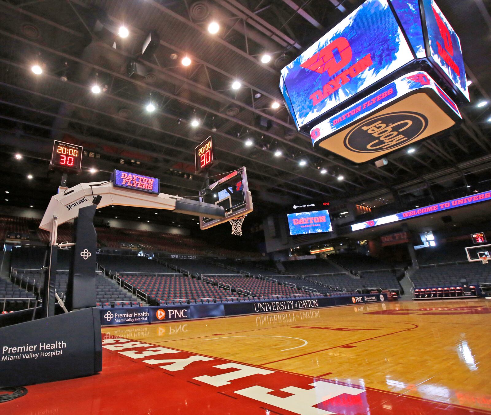 New baskets with two shot clocks and LED stanchion lights are part of phase on renovations at UD Arena, which are part of an overall $72 million project. TY GREENLEES / STAFF